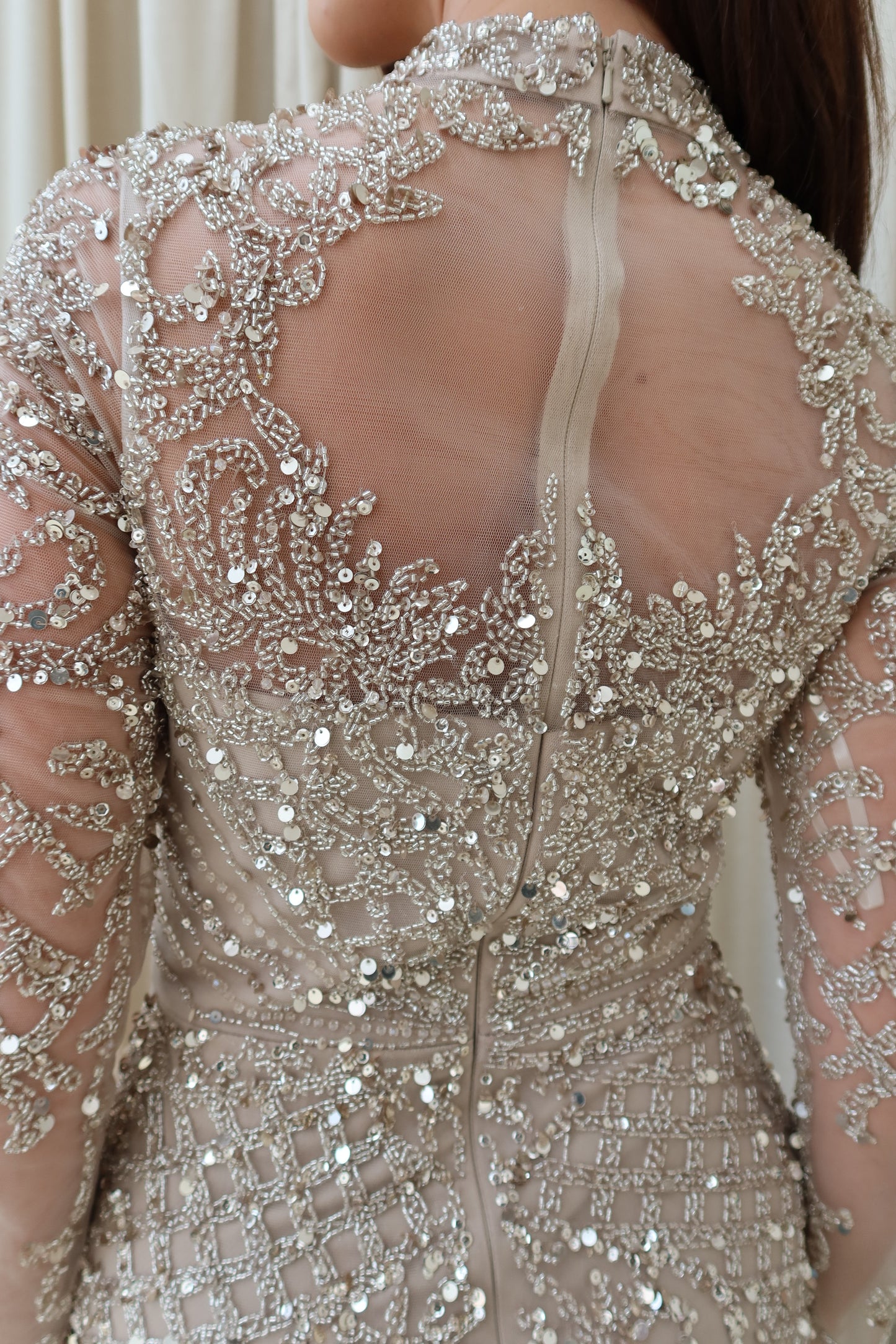 Mira Champagne Long Sleeve Maxi Evening Dress