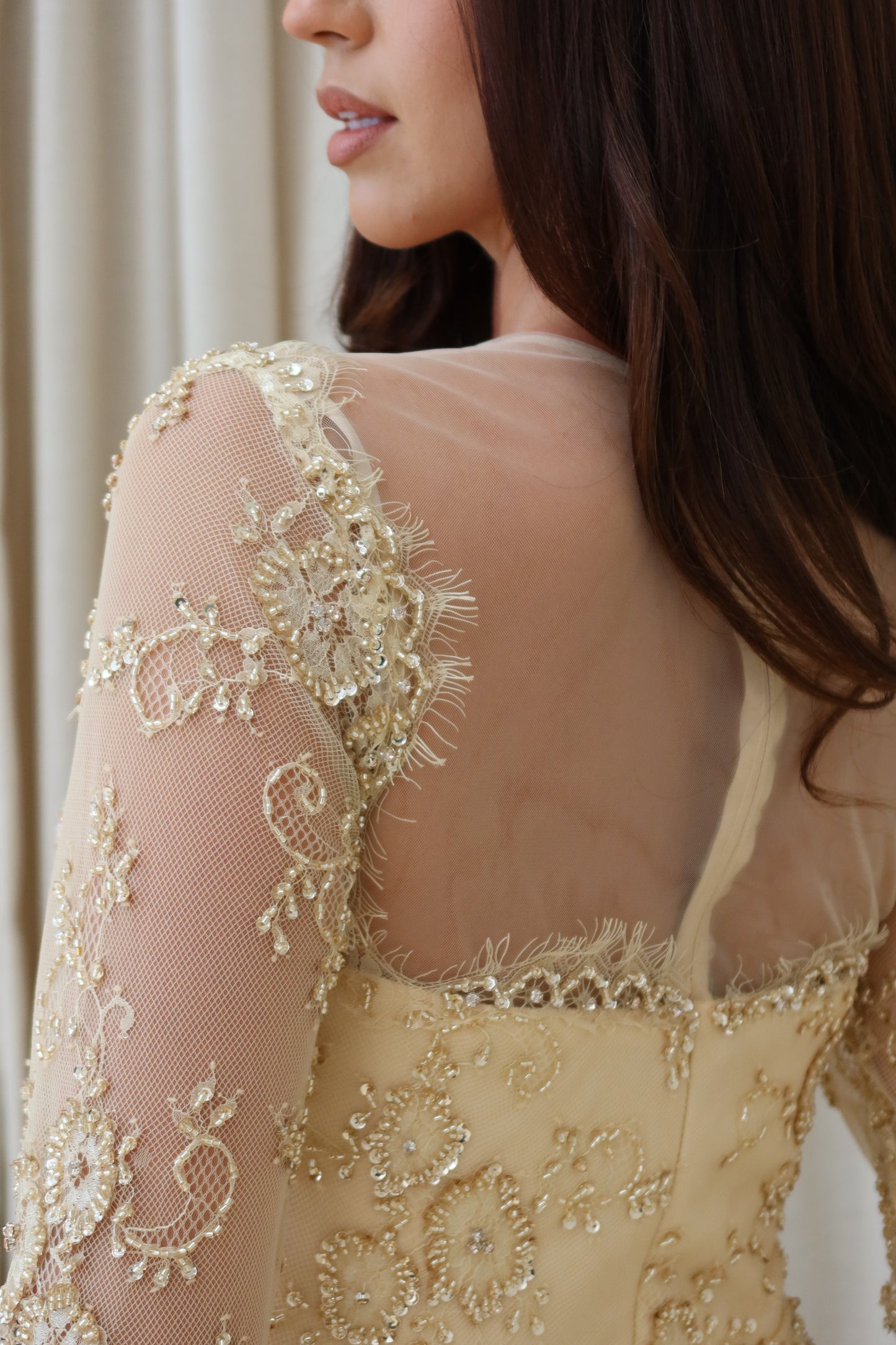 Lina Golden Beaded Lace Maxi Evening Dress