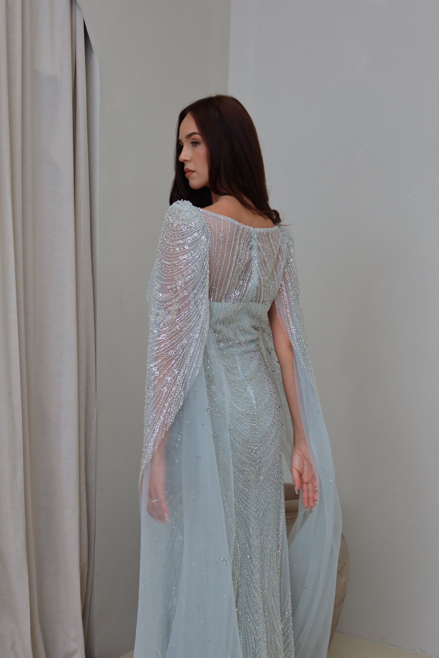 Aura Beaded Cape Sleeve Maxi Evening Dress