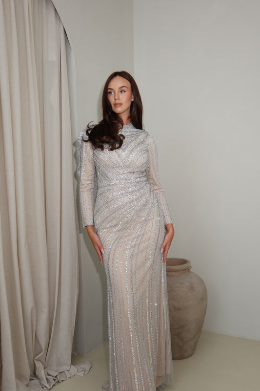 Sheela Nude Silver Long Sleeve Evening Maxi Dress