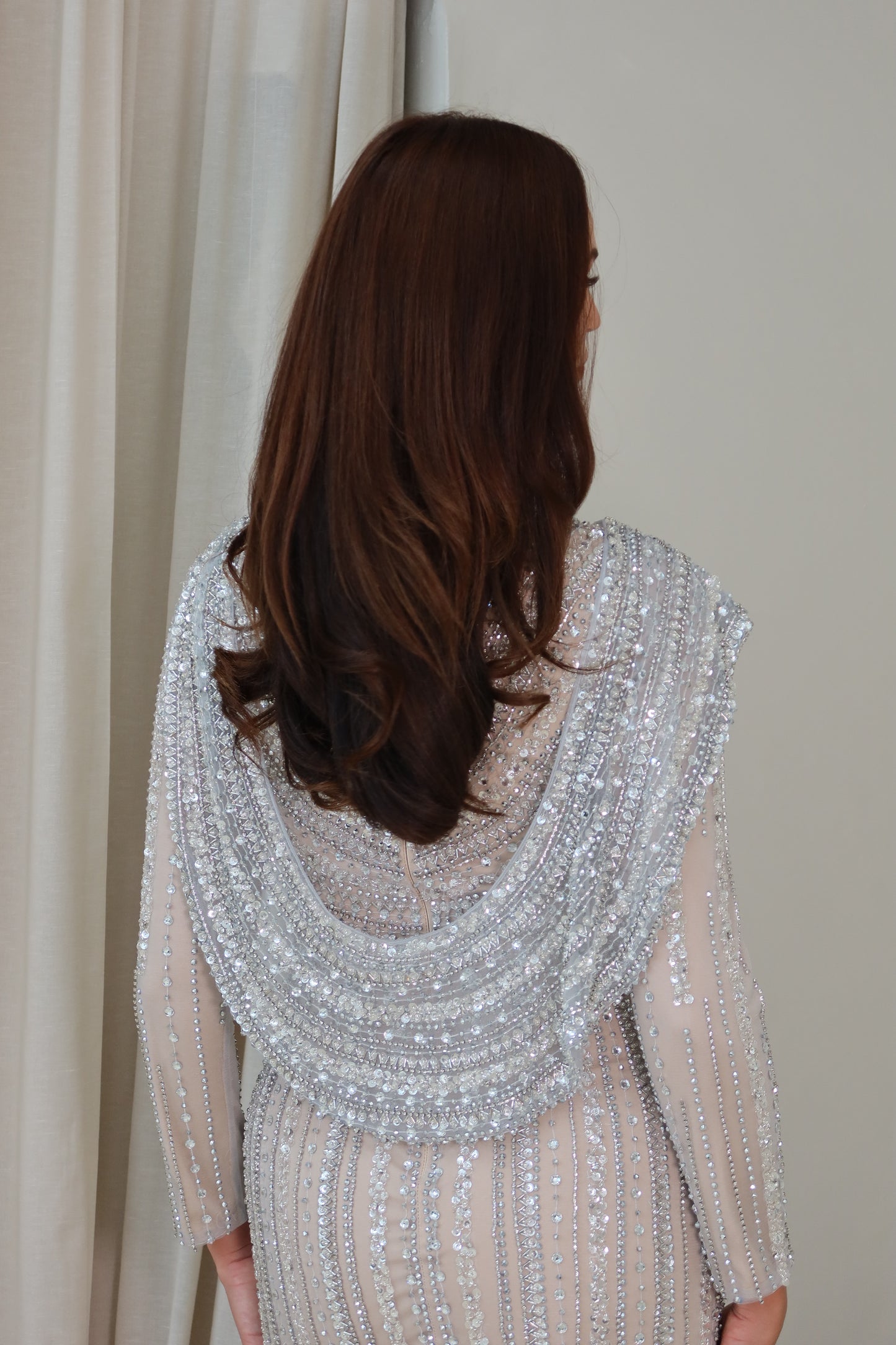 Sheela Nude Silver Long Sleeve Evening Maxi Dress