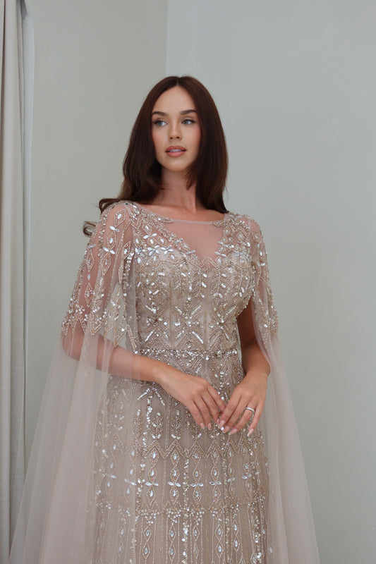 Zahar Brown Maxi Evening Dress with Cape Sleeve