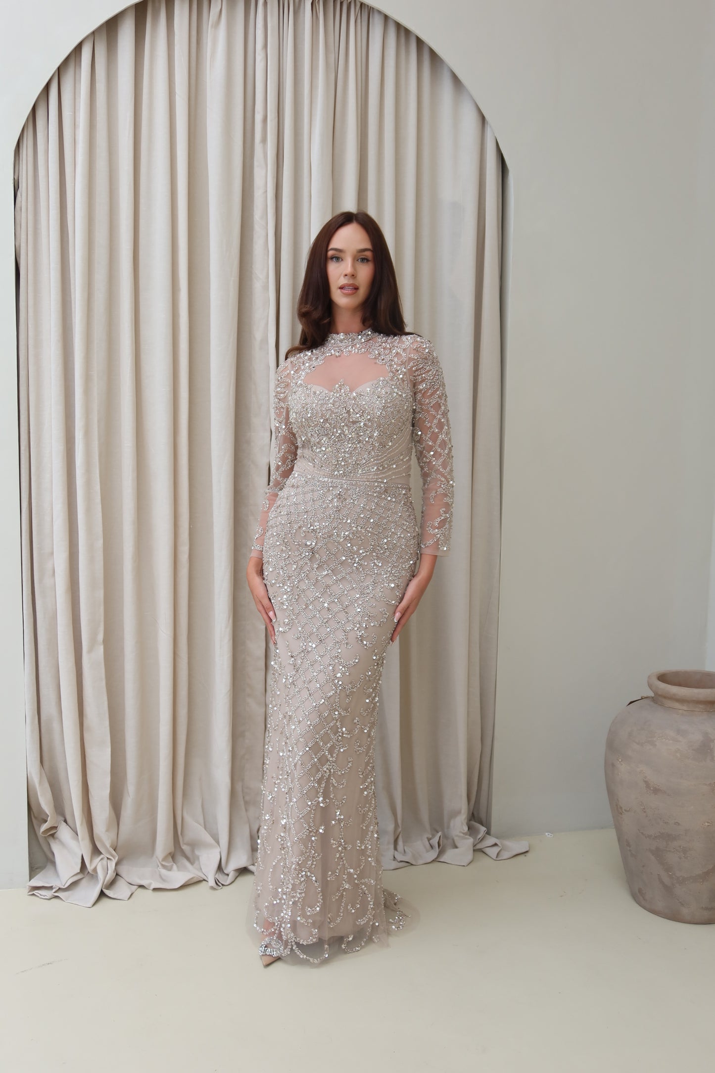 Mira Champagne Long Sleeve Maxi Evening Dress