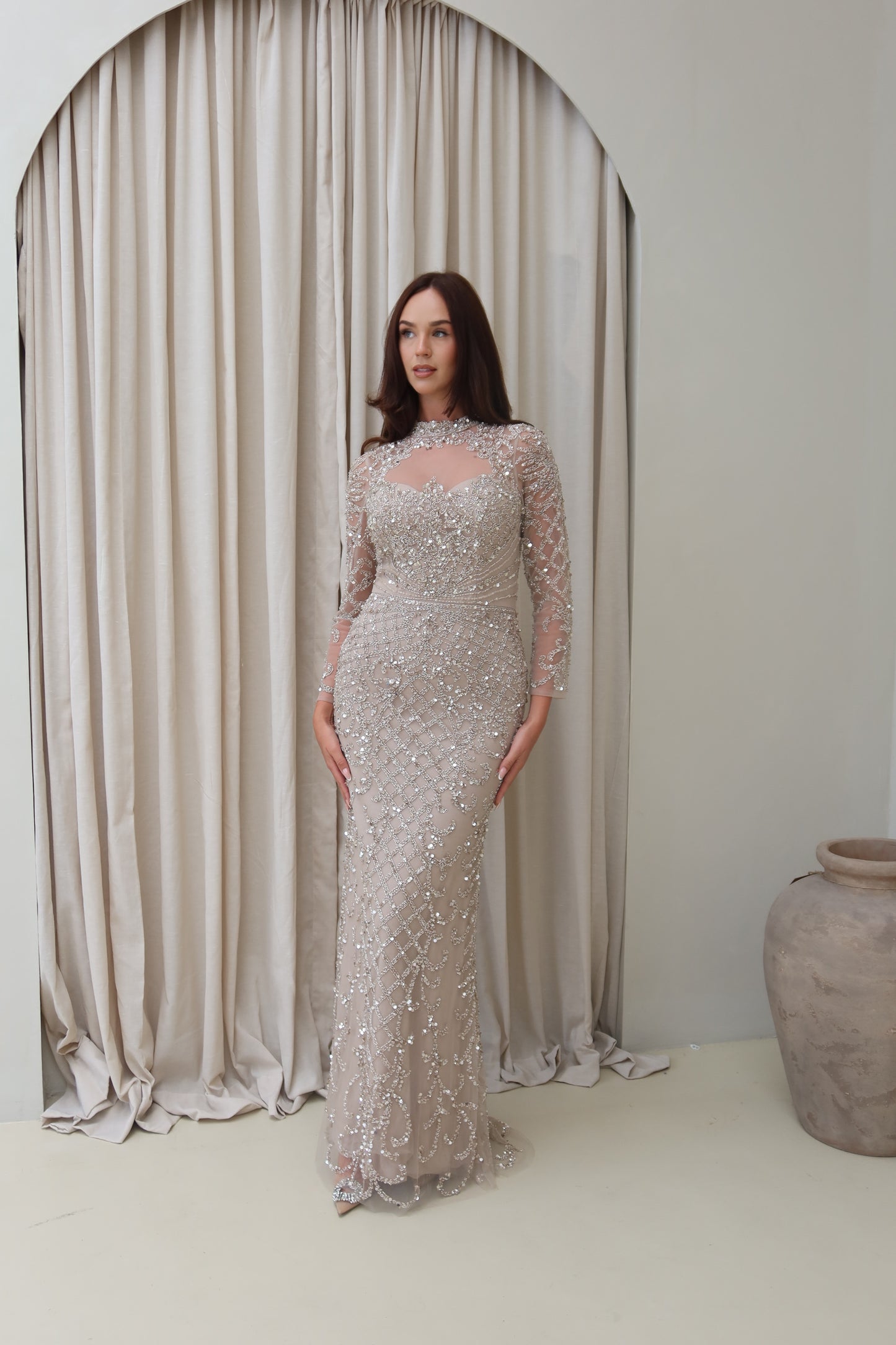 Mira Champagne Long Sleeve Maxi Evening Dress