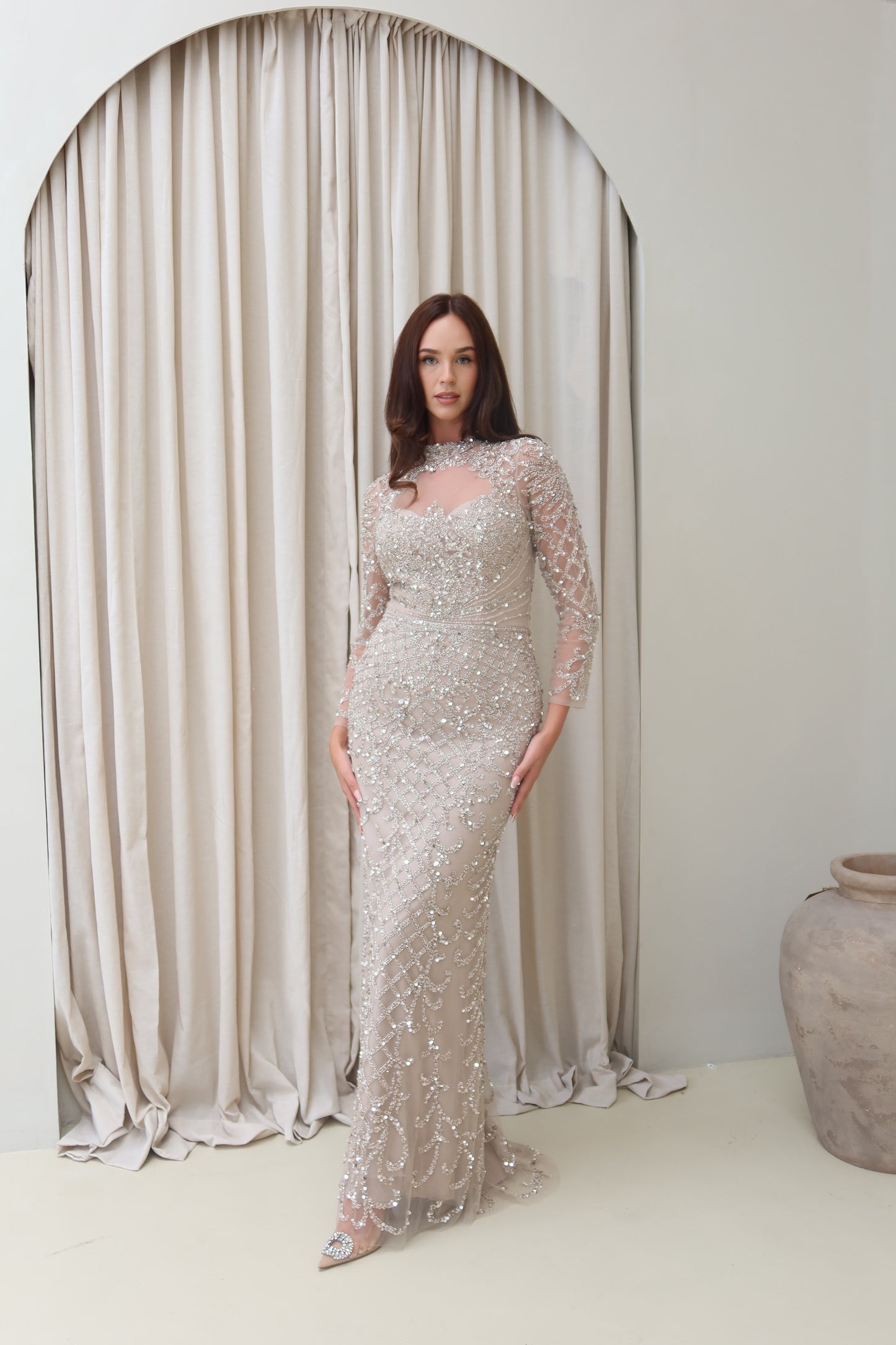 Mira Champagne Long Sleeve Maxi Evening Dress