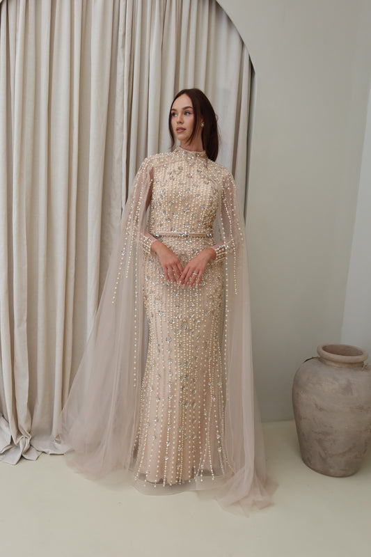 Maya Nude Long Sleeve Maxi Evening Dress