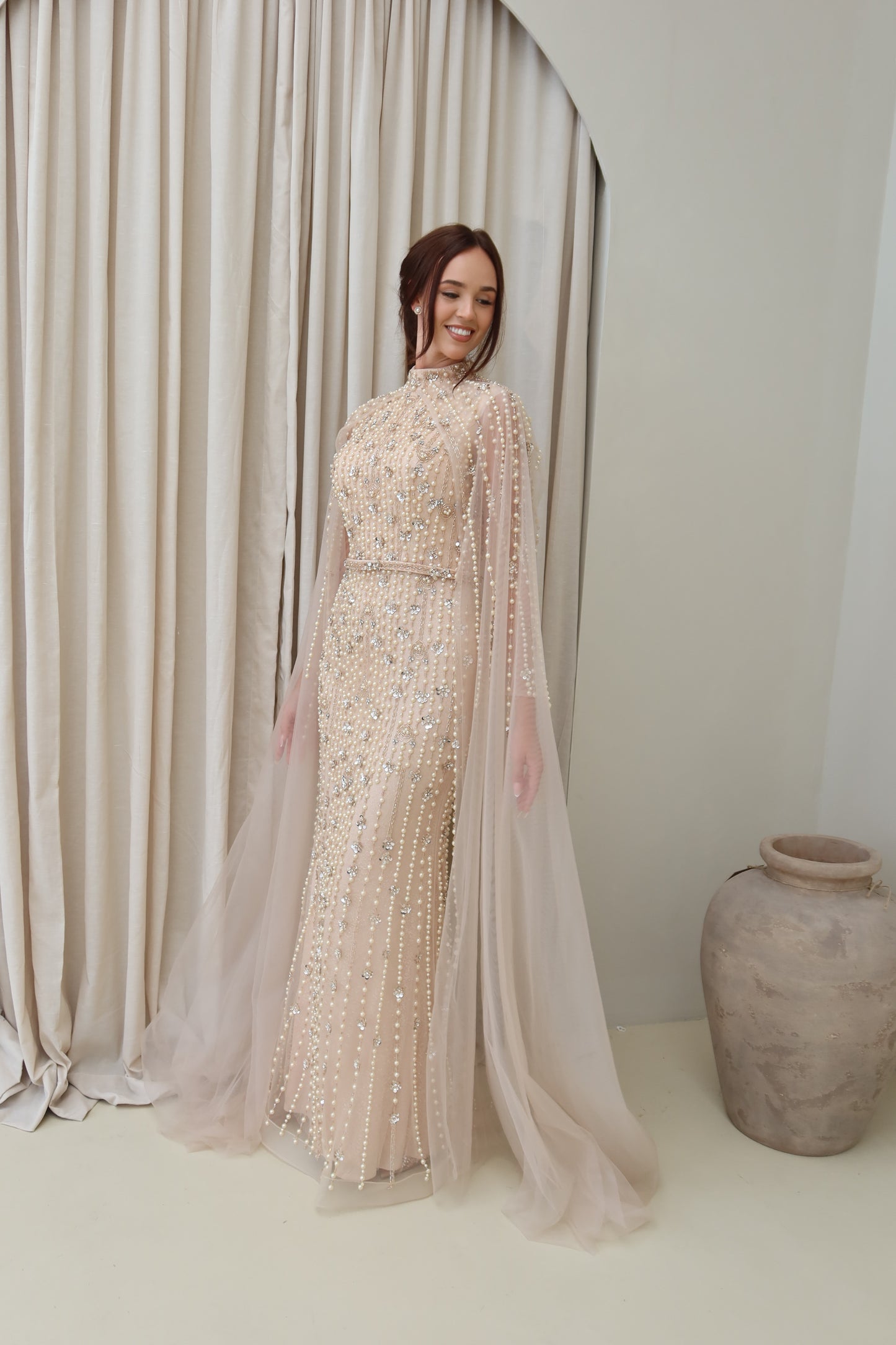 Maya Nude Long Sleeve Maxi Evening Dress