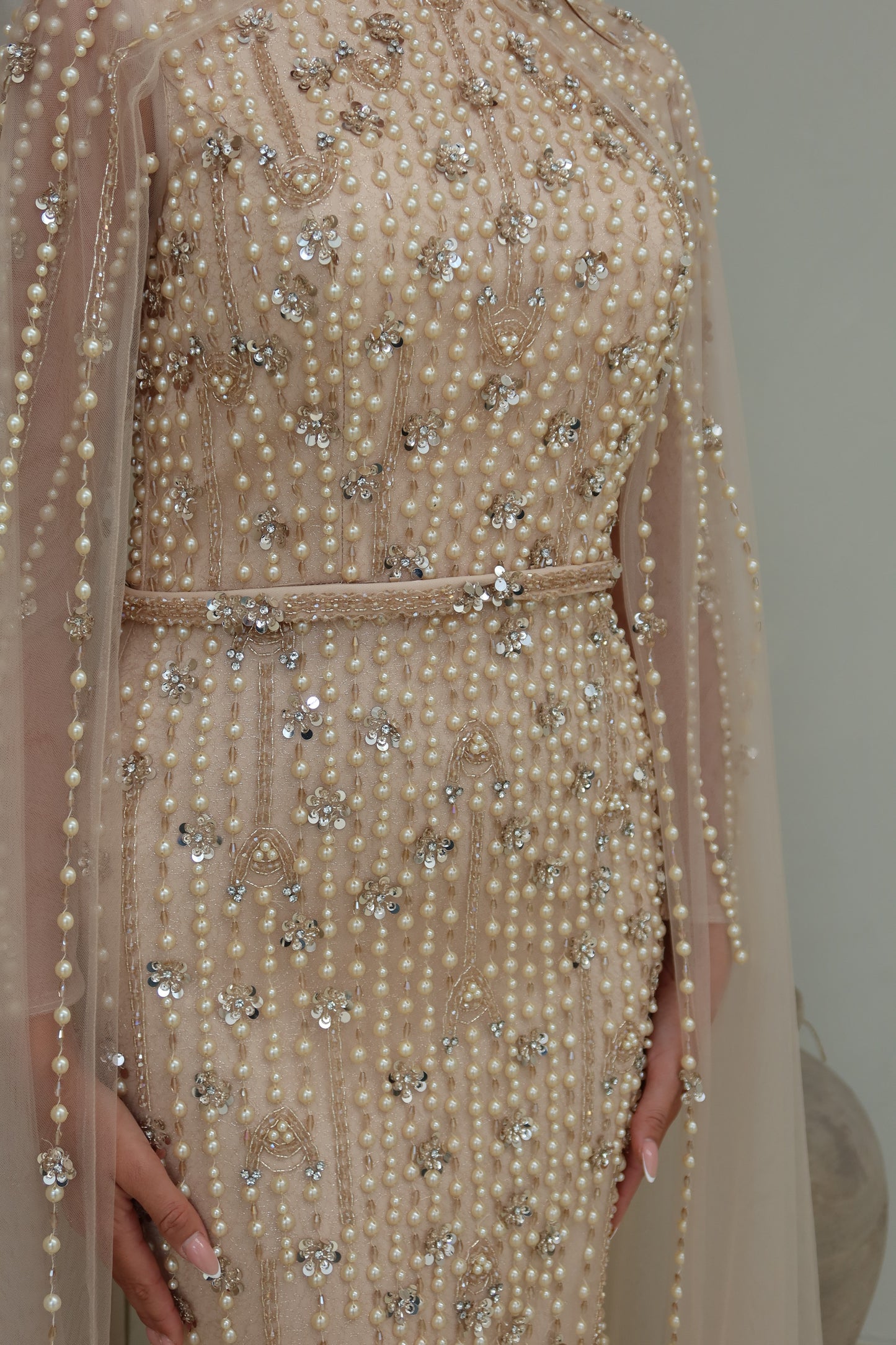 Maya Nude Long Sleeve Maxi Evening Dress