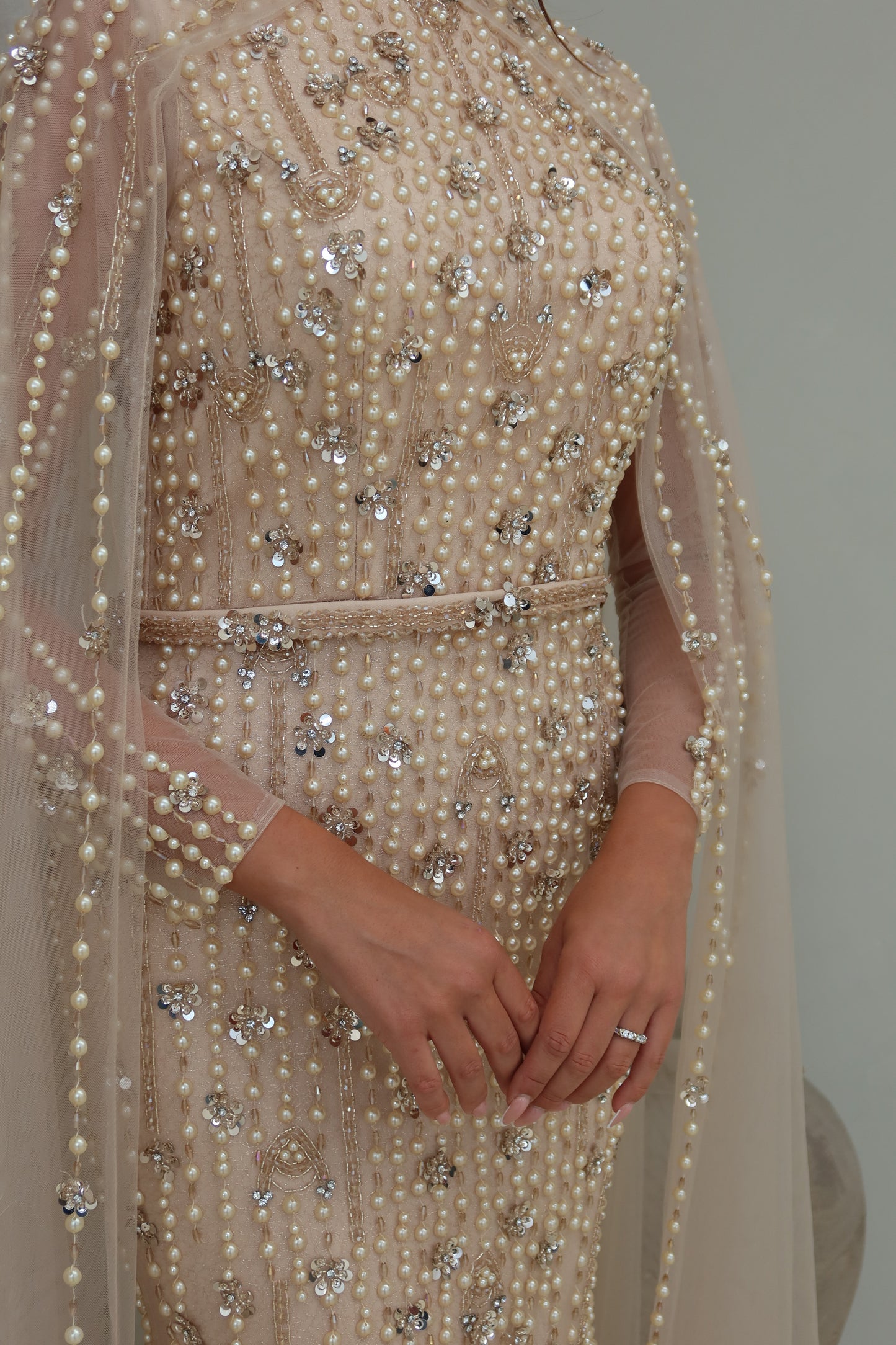 Maya Nude Long Sleeve Maxi Evening Dress