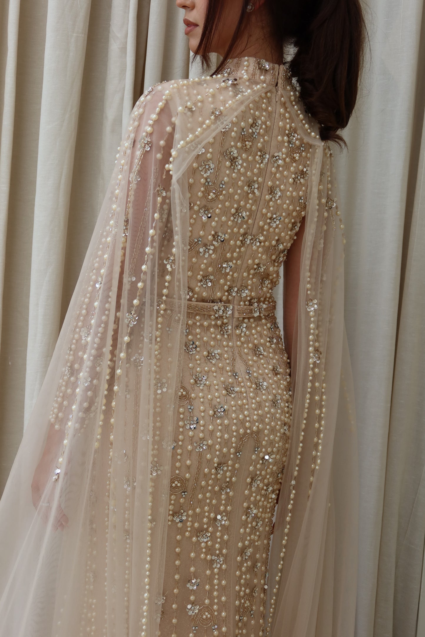 Maya Nude Long Sleeve Maxi Evening Dress