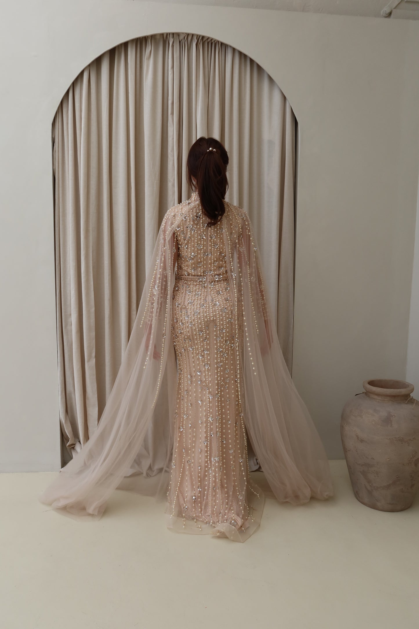 Maya Nude Long Sleeve Maxi Evening Dress