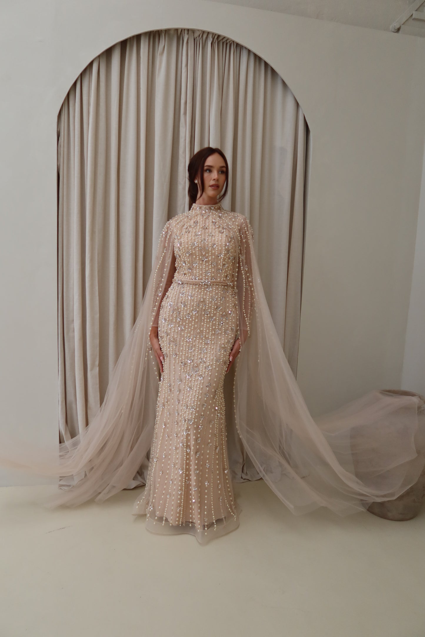 Maya Nude Long Sleeve Maxi Evening Dress