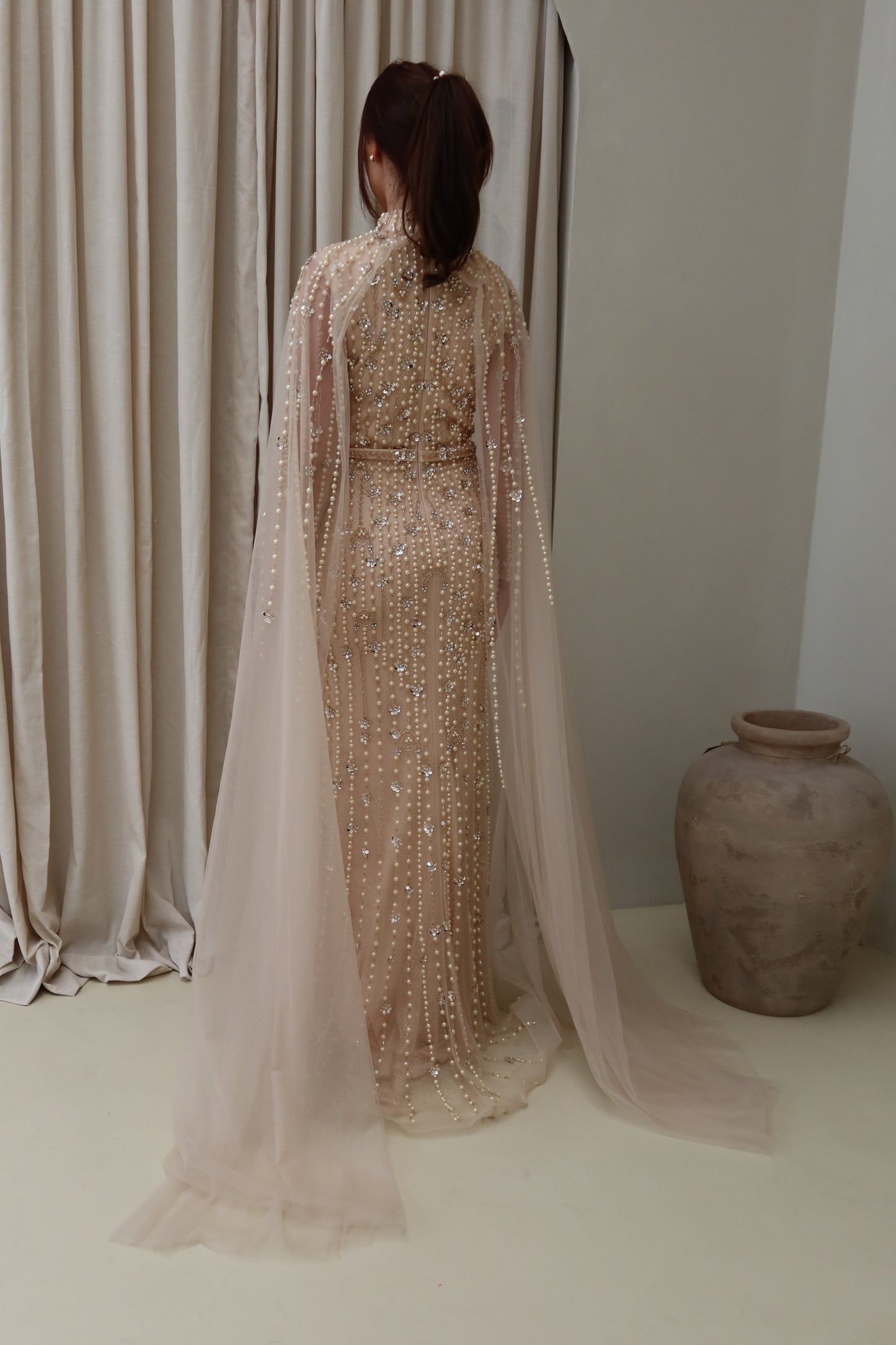Maya Nude Long Sleeve Maxi Evening Dress