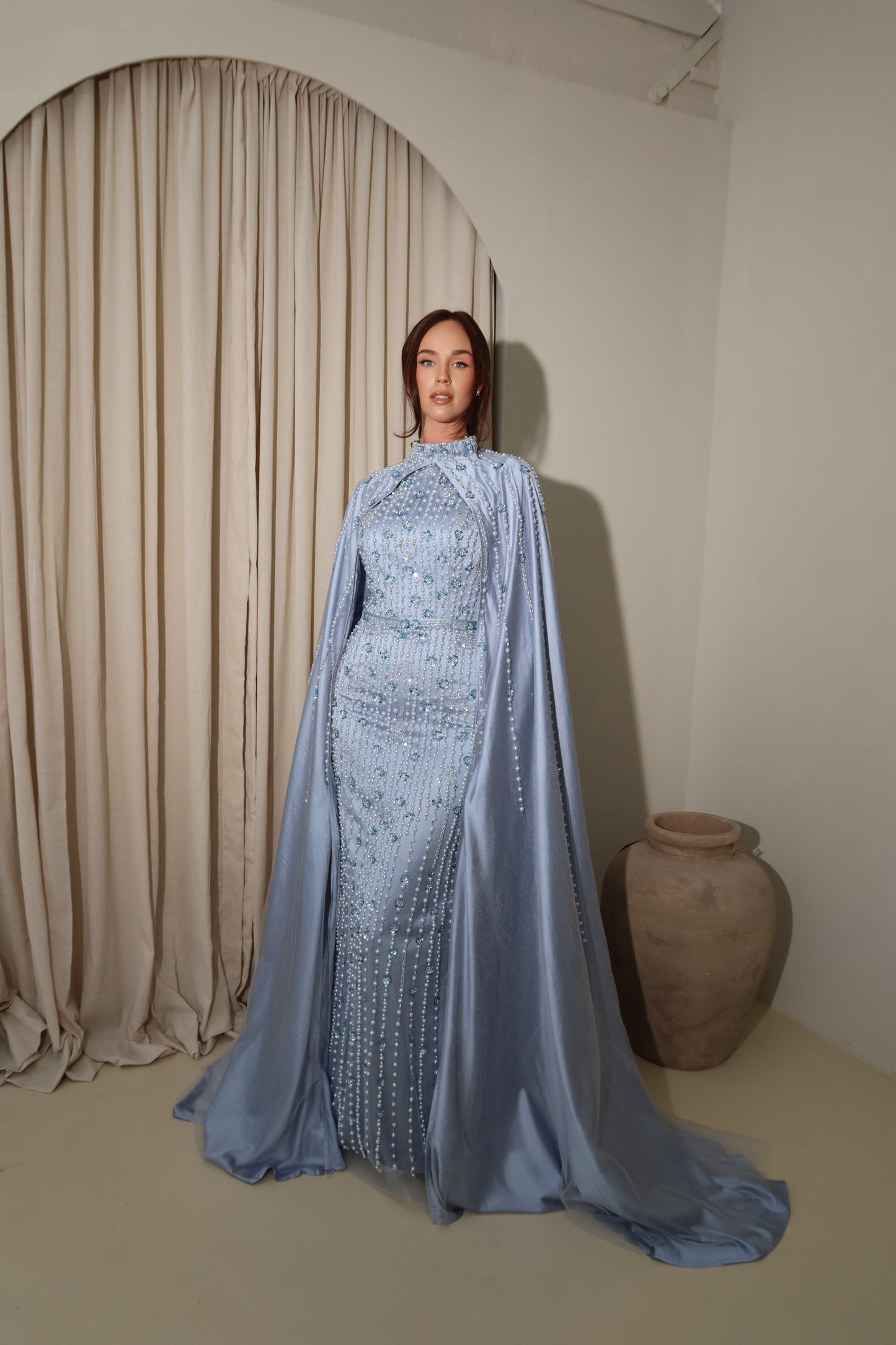 Kira Modest Long Sleeve Cape Maxi Evening