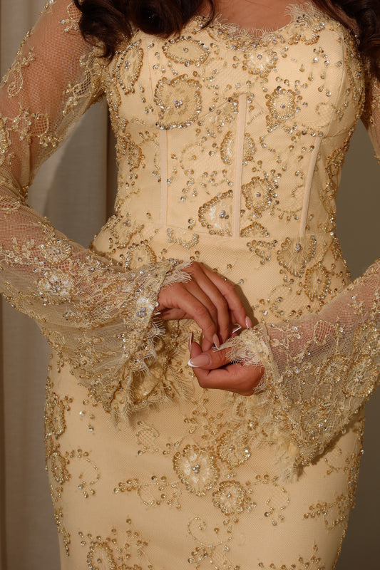 Lina Golden Beaded Lace Maxi Evening Dress
