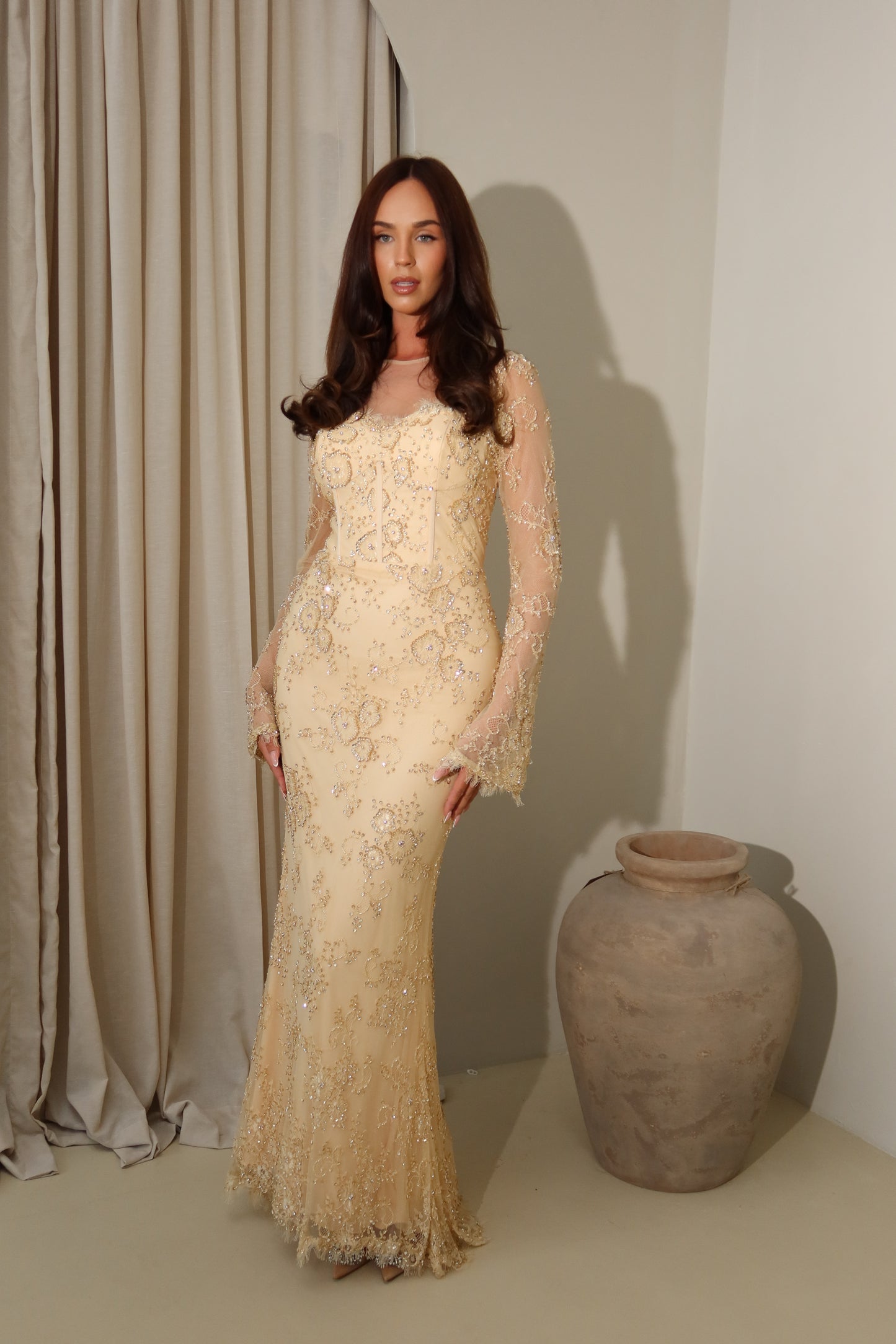 Lina Golden Beaded Lace Maxi Evening Dress