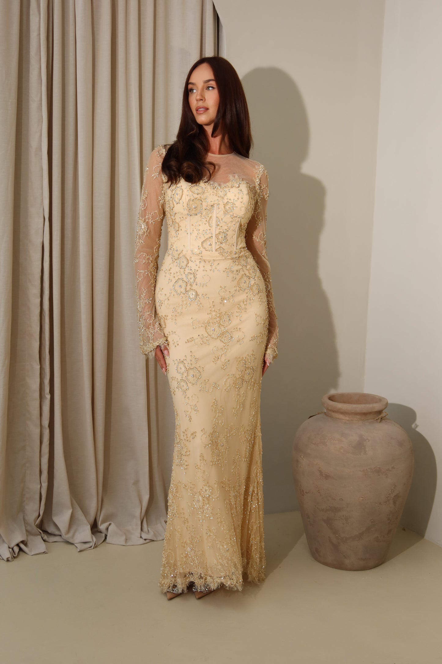 Lina Golden Beaded Lace Maxi Evening Dress