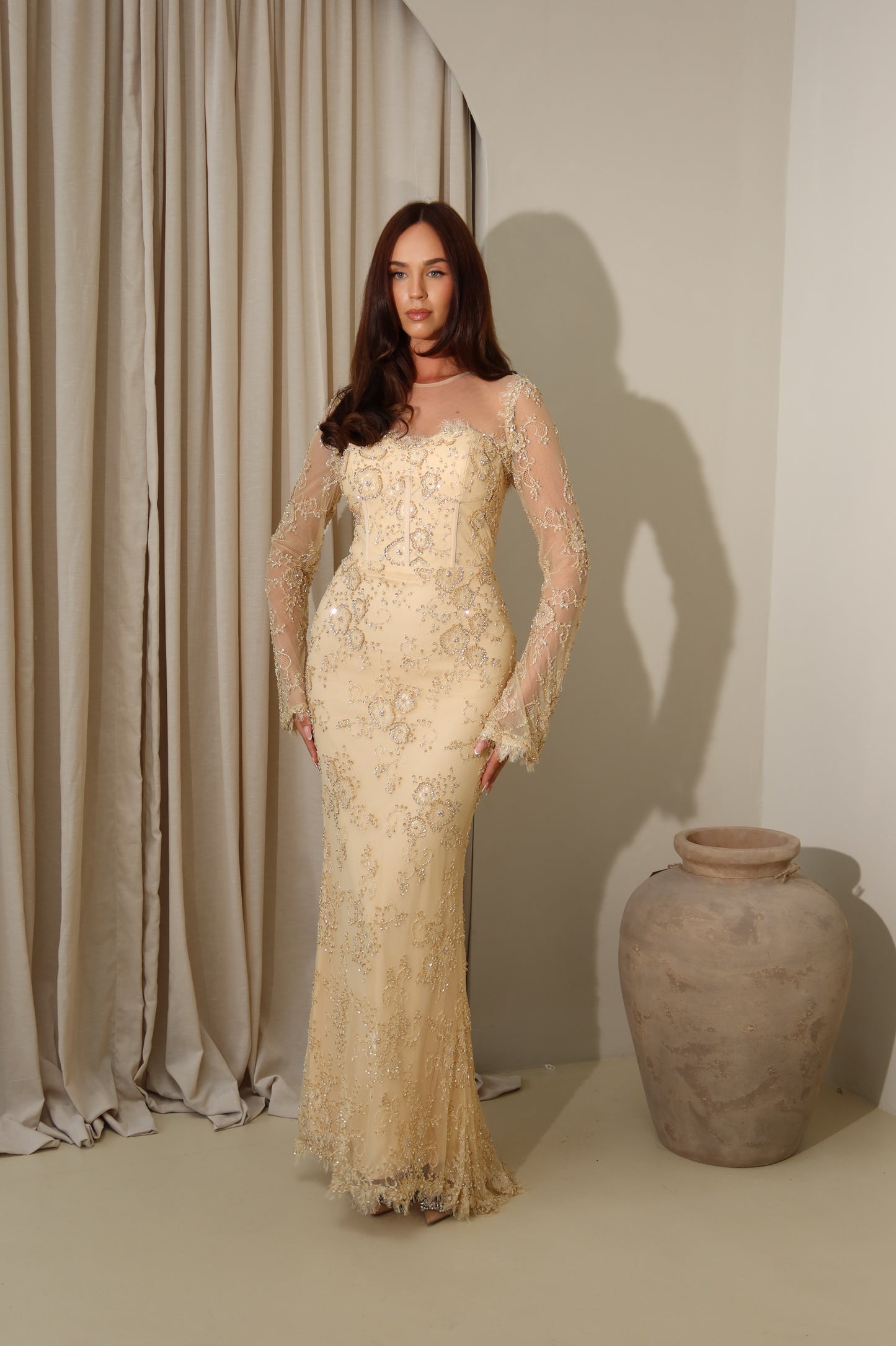 Lina Golden Beaded Lace Maxi Evening Dress