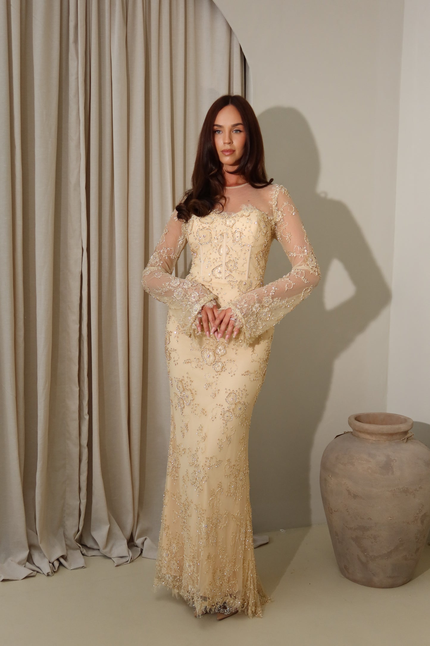 Lina Golden Beaded Lace Maxi Evening Dress