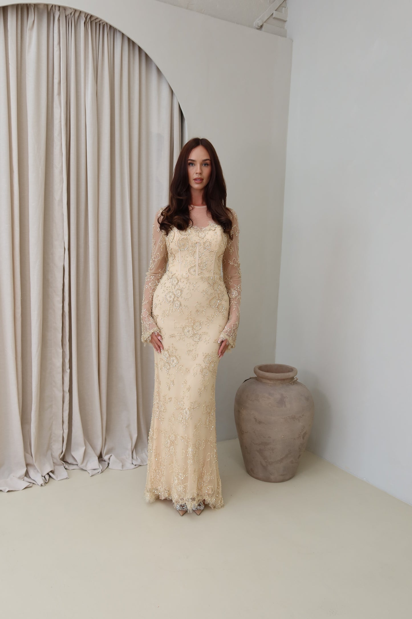 Lina Golden Beaded Lace Maxi Evening Dress