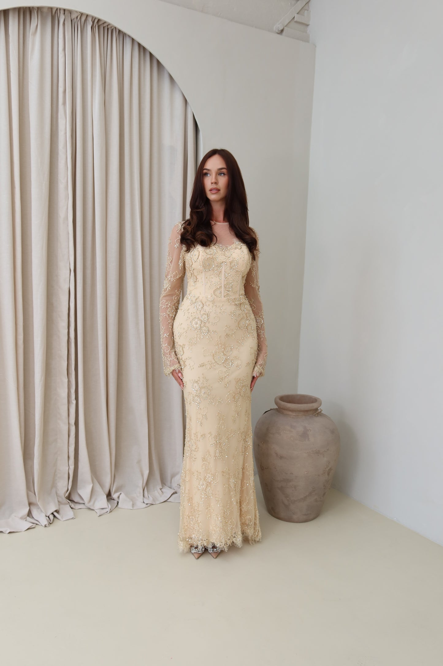 Lina Golden Beaded Lace Maxi Evening Dress