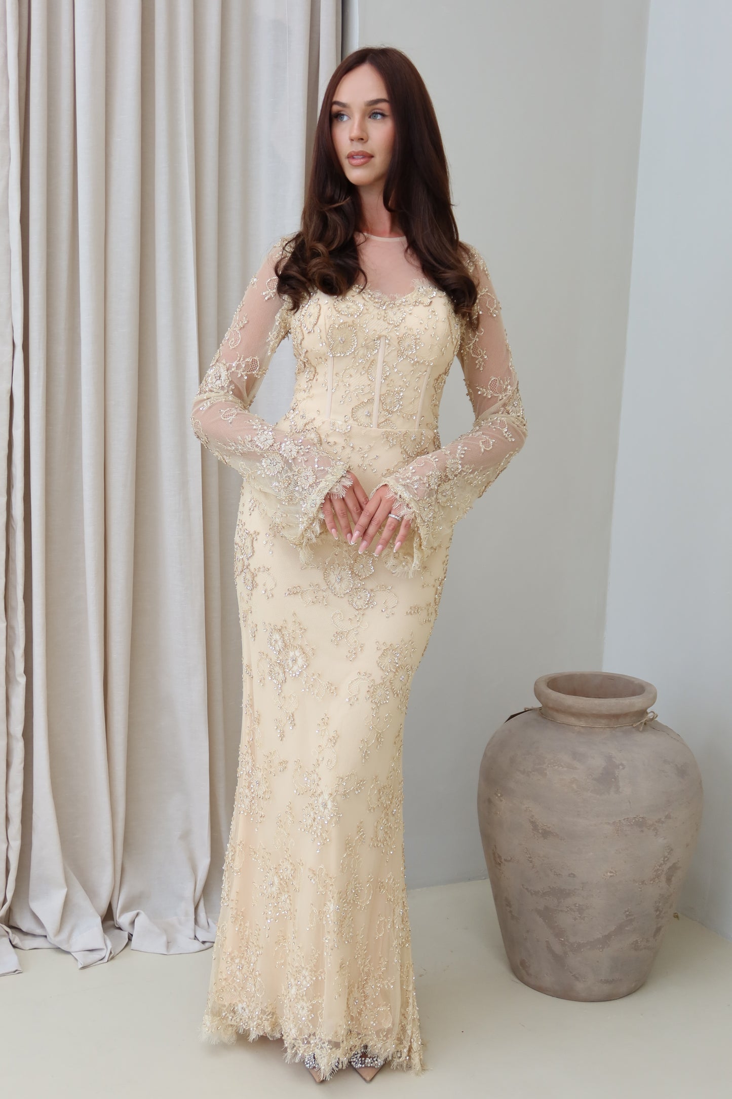 Lina Golden Beaded Lace Maxi Evening Dress