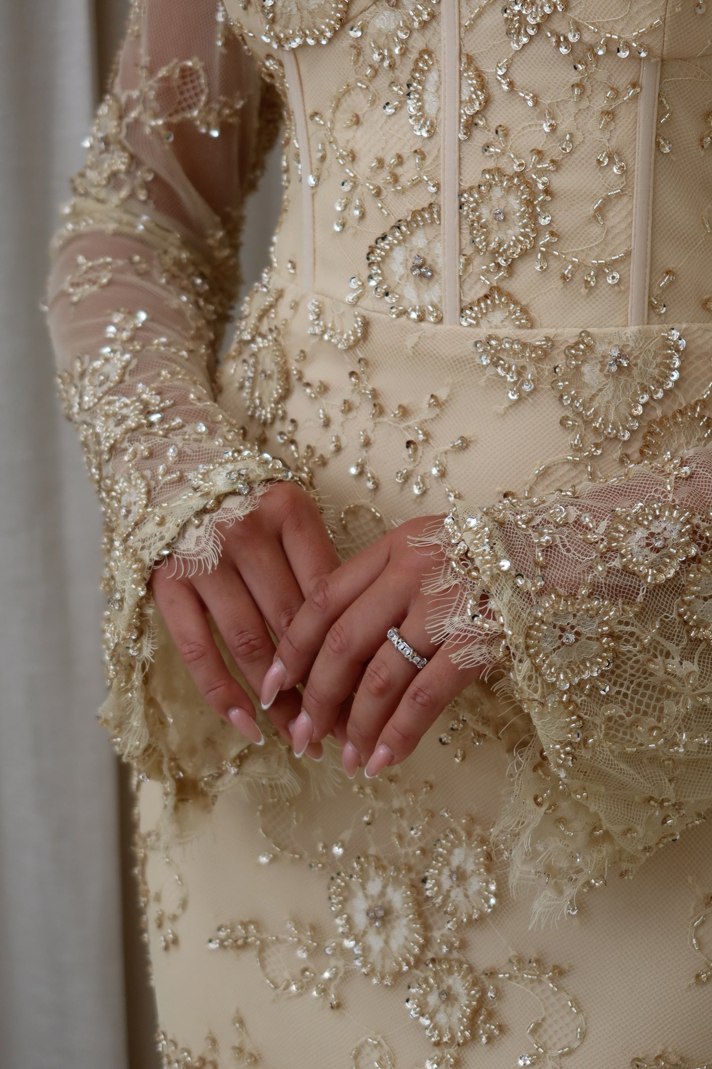 Lina Golden Beaded Lace Maxi Evening Dress