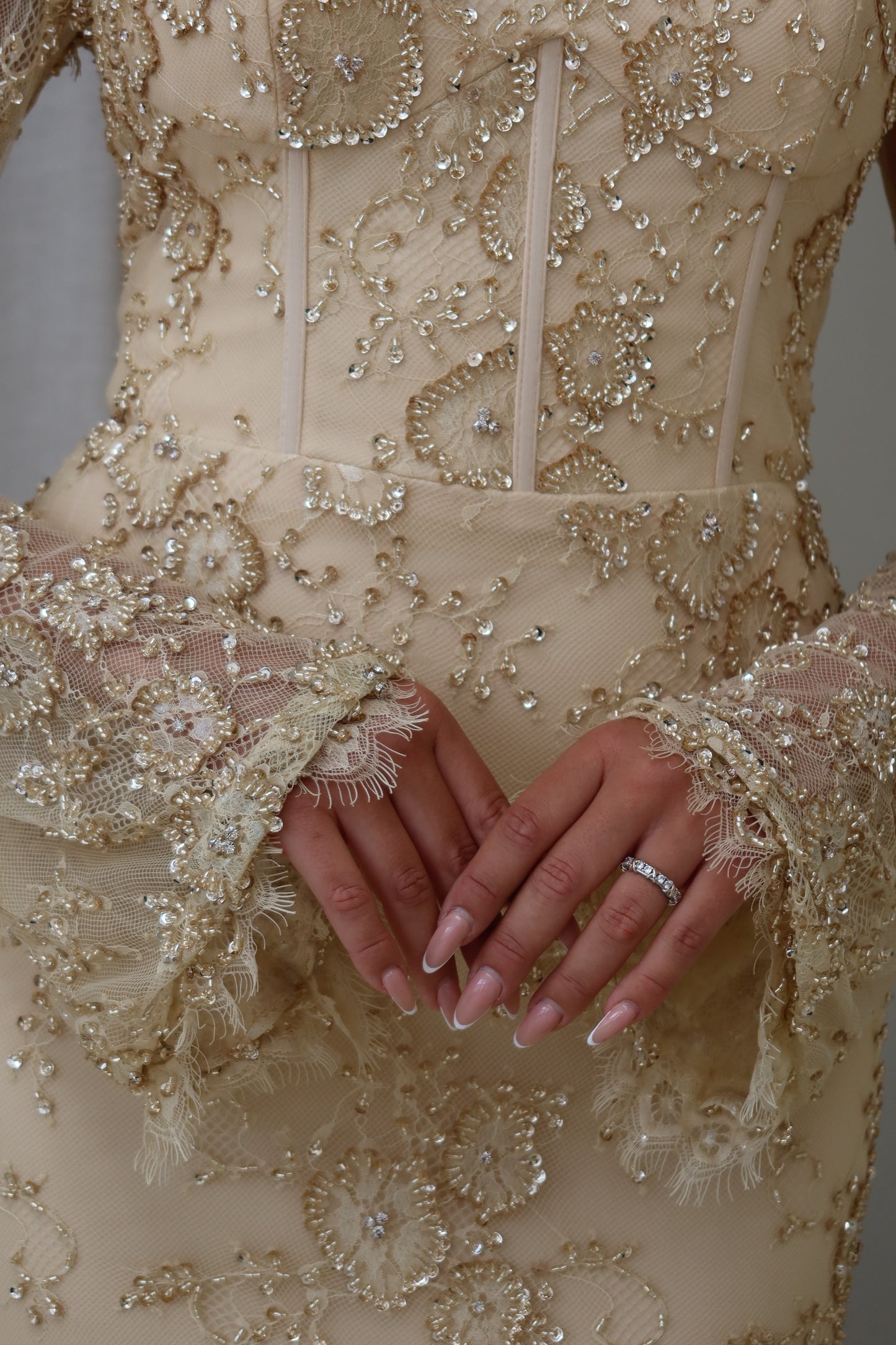 Lina Golden Beaded Lace Maxi Evening Dress