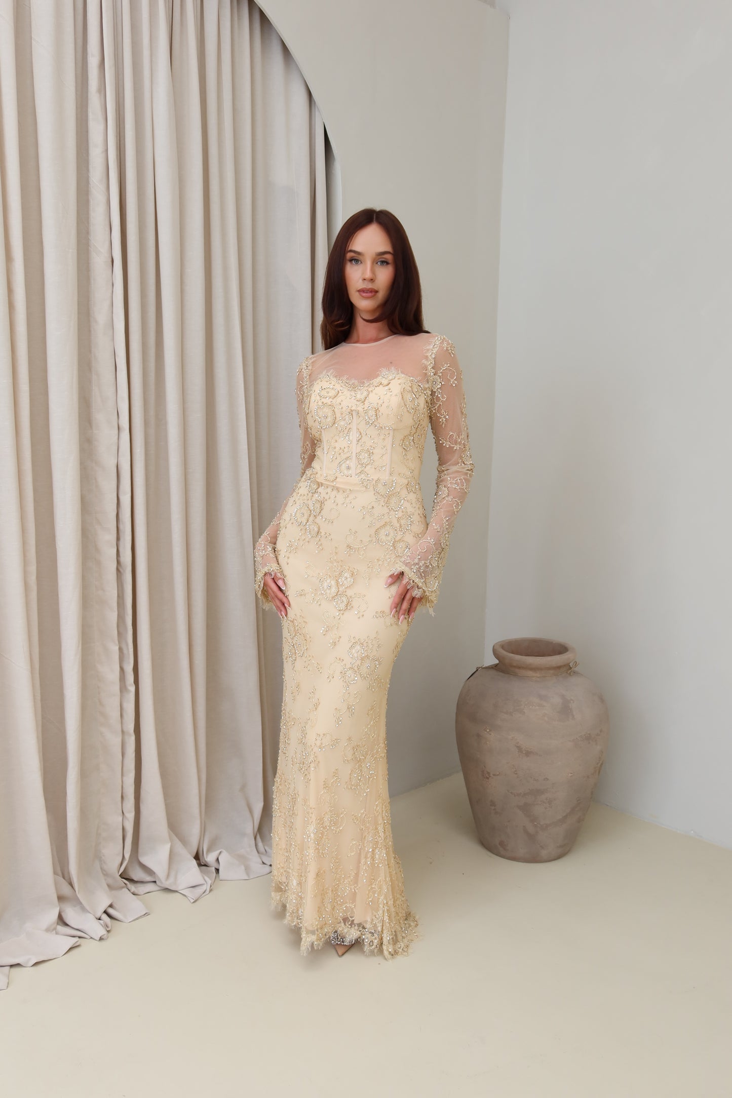 Lina Golden Beaded Lace Maxi Evening Dress