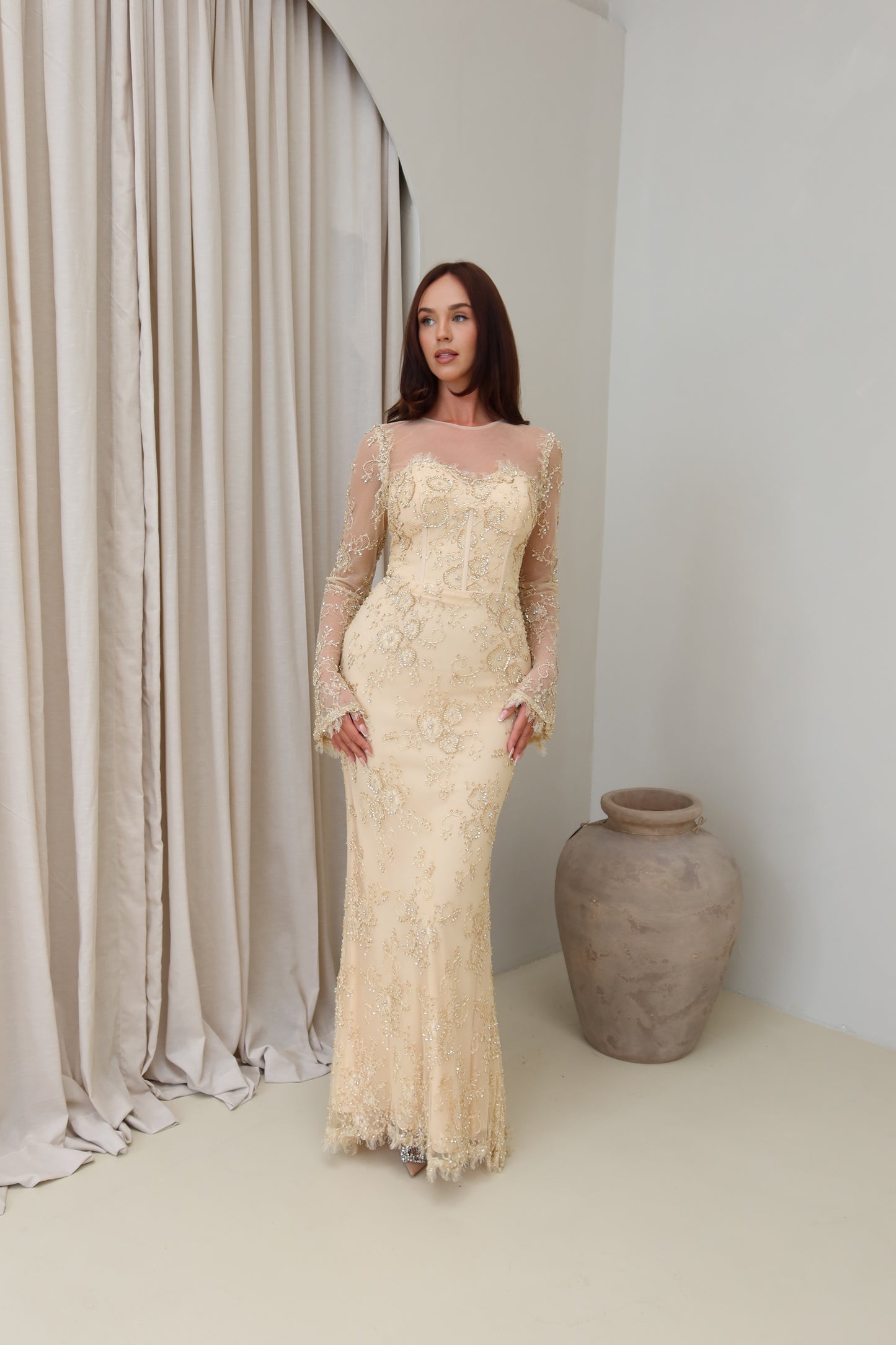 Lina Golden Beaded Lace Maxi Evening Dress