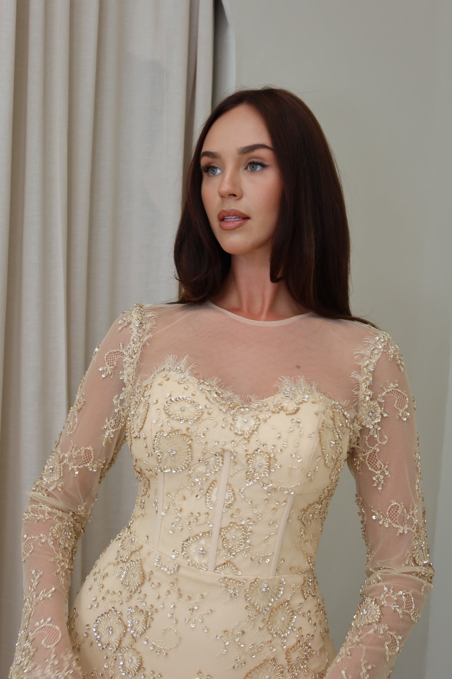 Lina Golden Beaded Lace Maxi Evening Dress