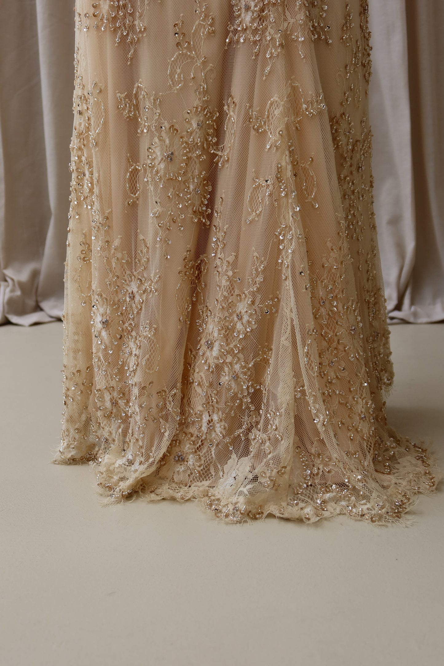 Lina Golden Beaded Lace Maxi Evening Dress