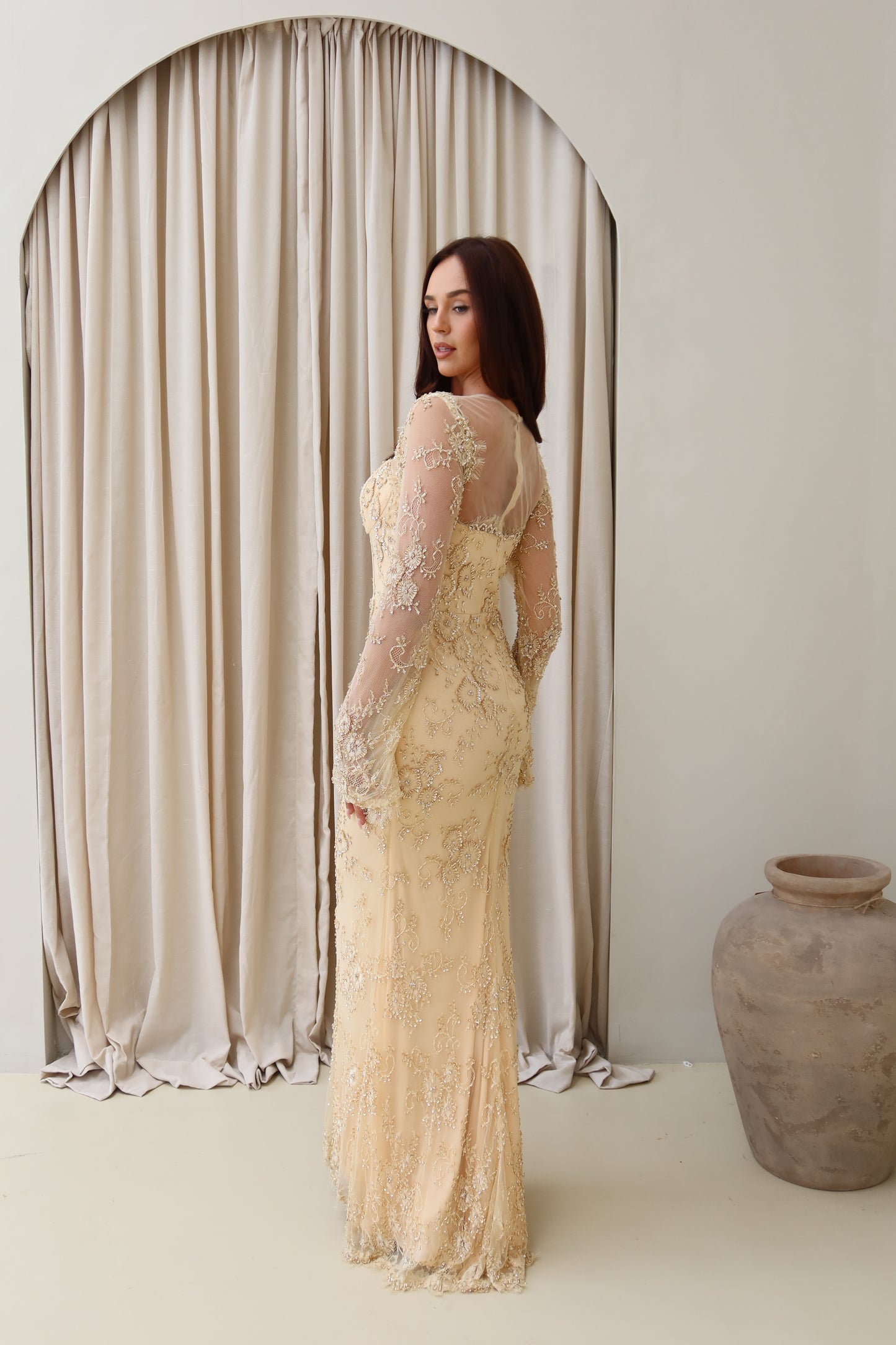 Lina Golden Beaded Lace Maxi Evening Dress