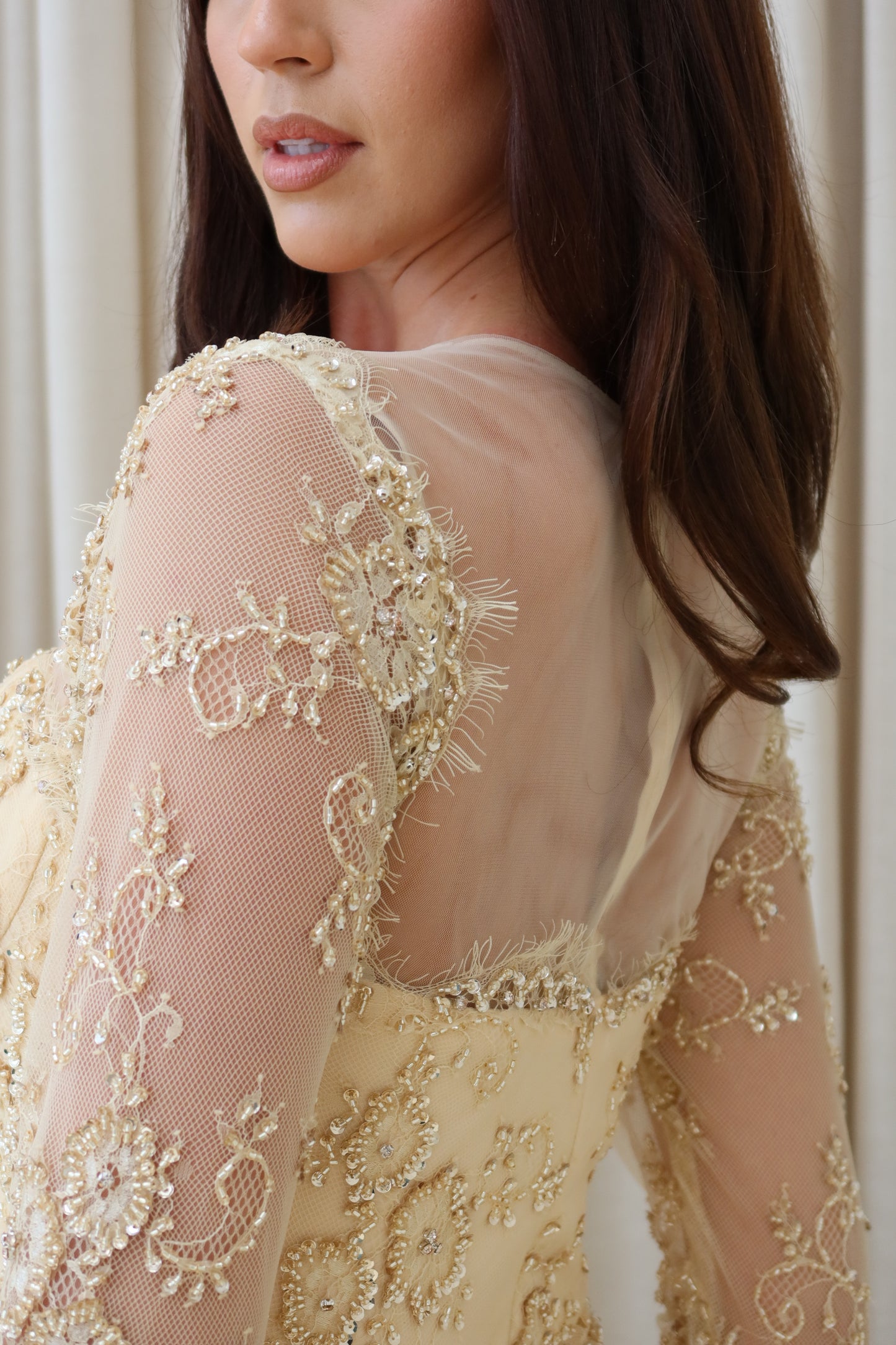 Lina Golden Beaded Lace Maxi Evening Dress