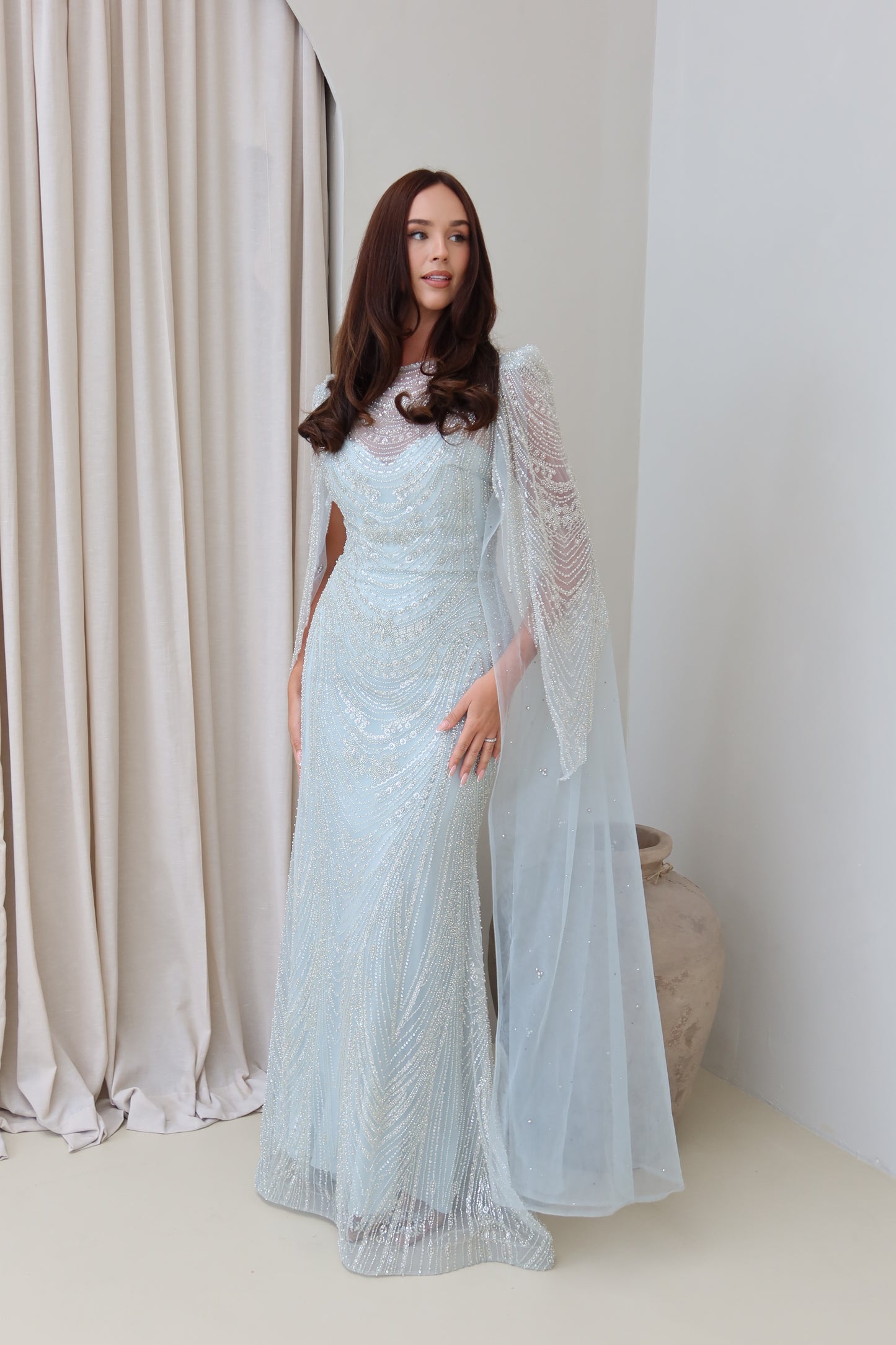 Aura Beaded Cape Sleeve Maxi Evening Dress