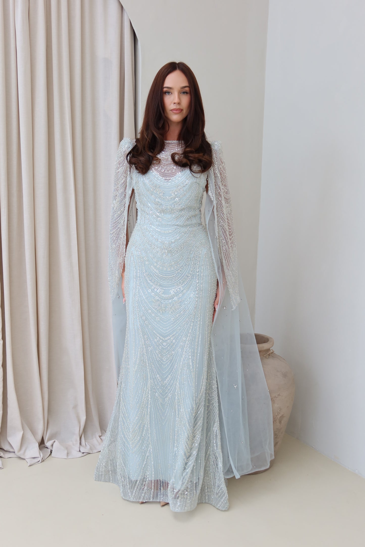 Aura Beaded Cape Sleeve Maxi Evening Dress