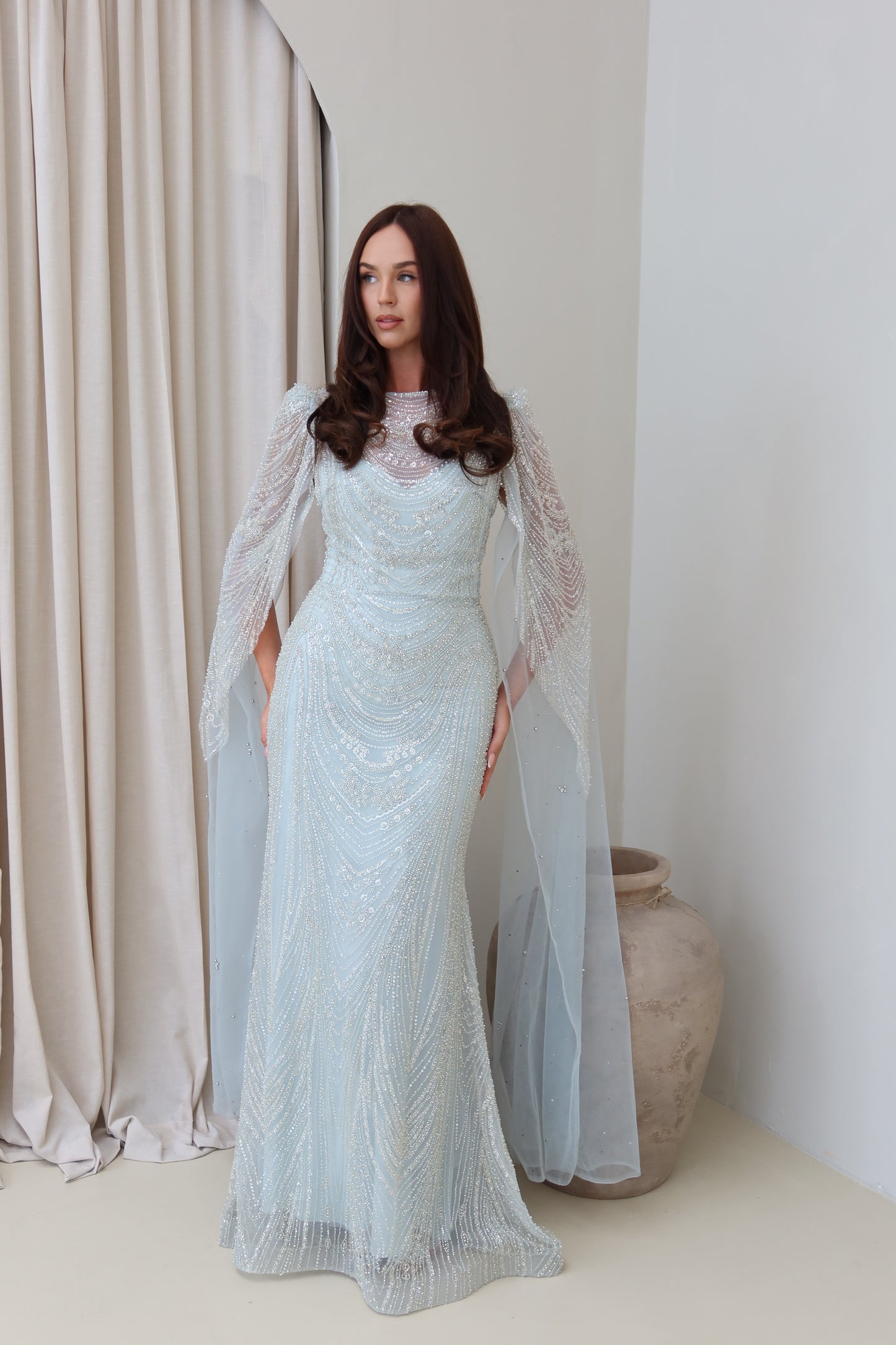 Aura Beaded Cape Sleeve Maxi Evening Dress