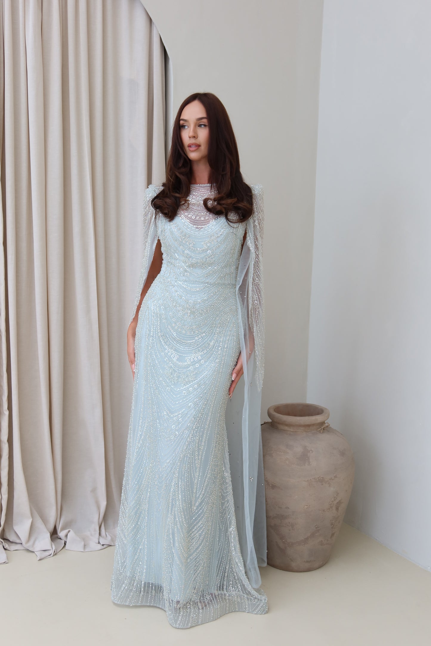 Aura Beaded Cape Sleeve Maxi Evening Dress