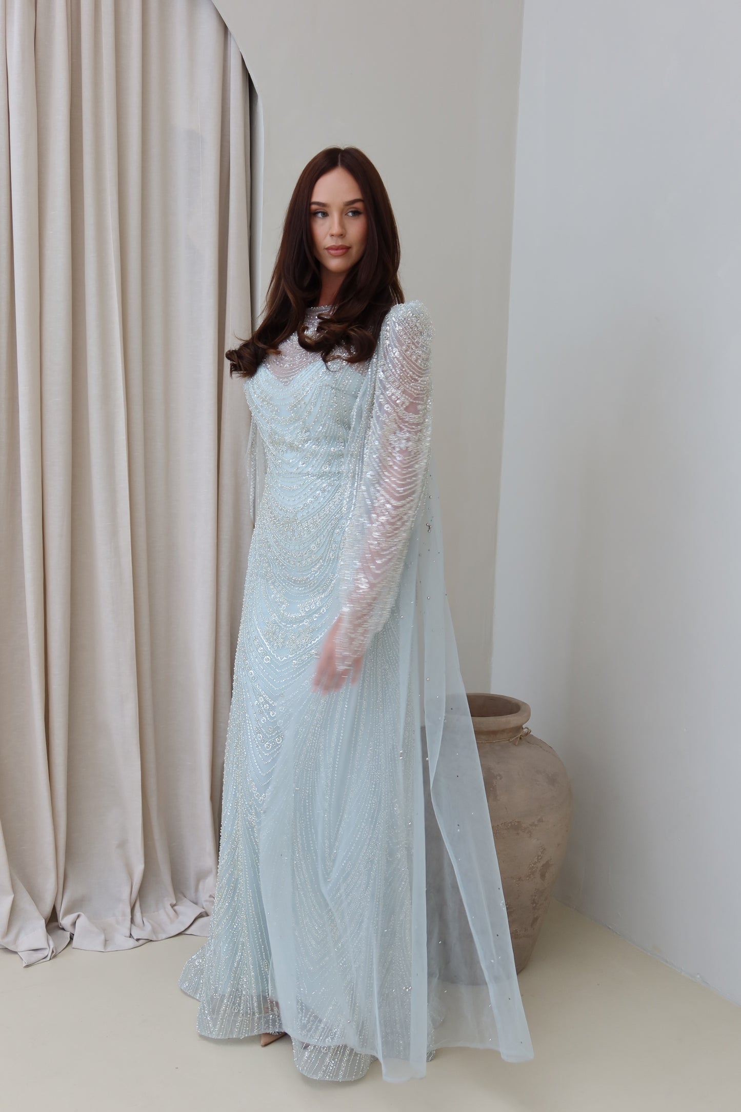 Aura Beaded Cape Sleeve Maxi Evening Dress