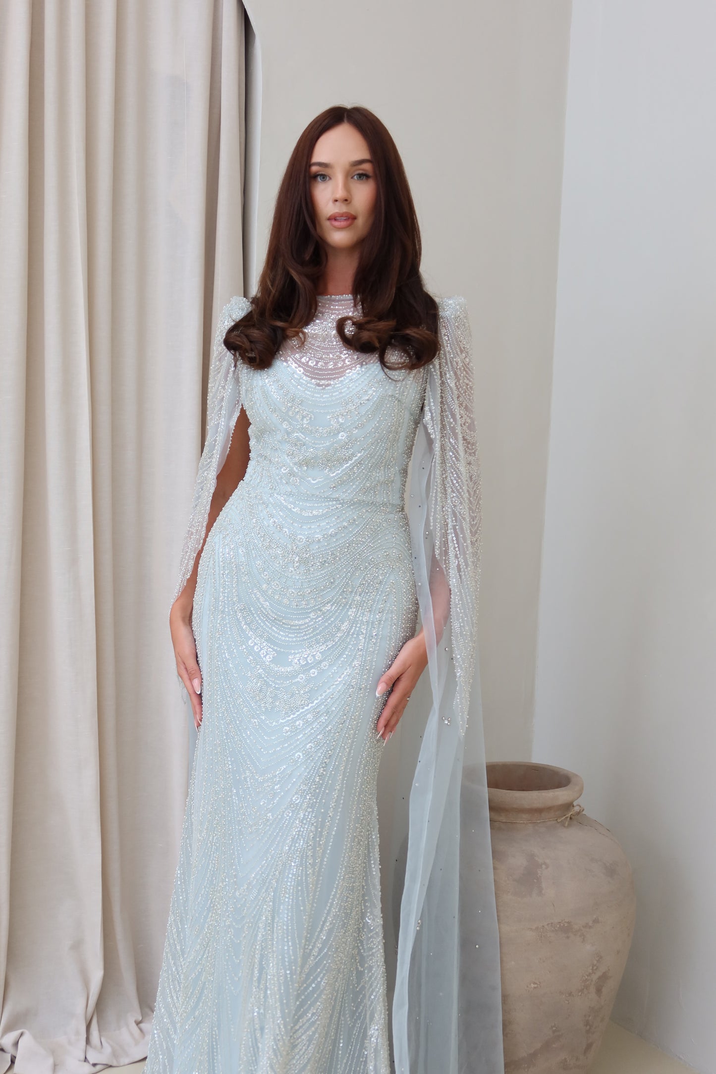 Aura Beaded Cape Sleeve Maxi Evening Dress