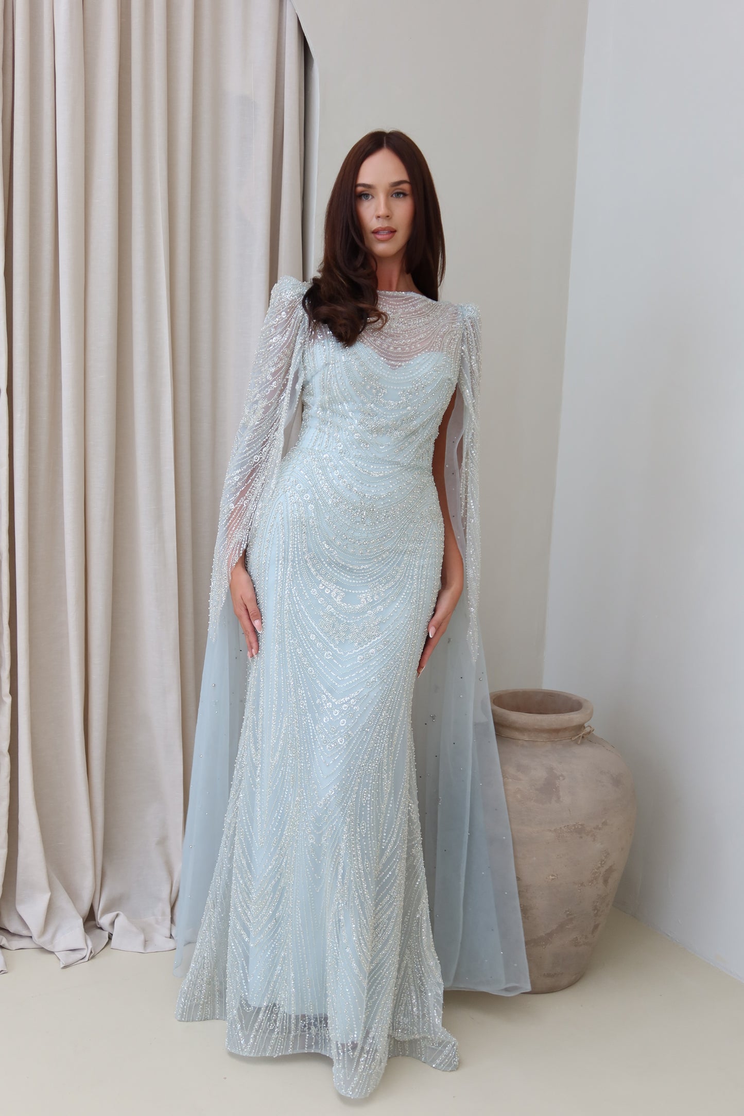Aura Beaded Cape Sleeve Maxi Evening Dress