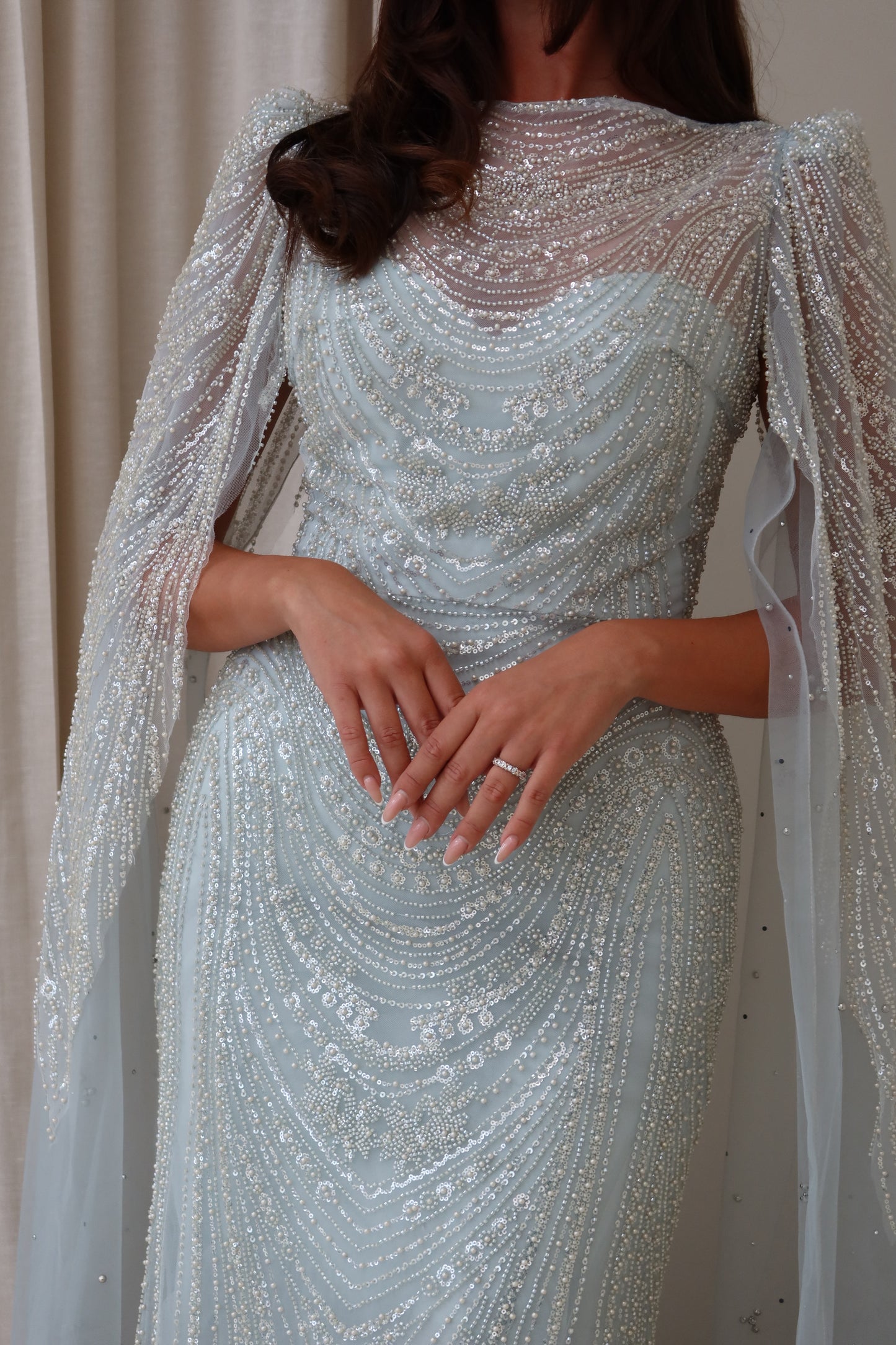 Aura Beaded Cape Sleeve Maxi Evening Dress