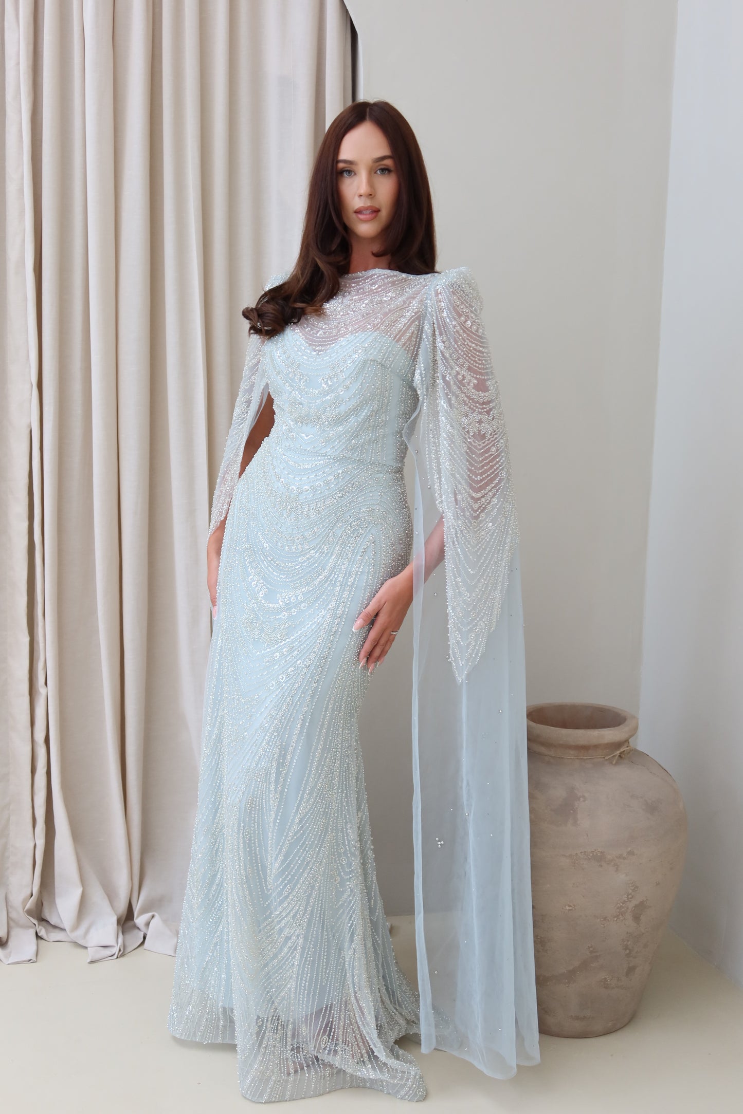 Aura Beaded Cape Sleeve Maxi Evening Dress
