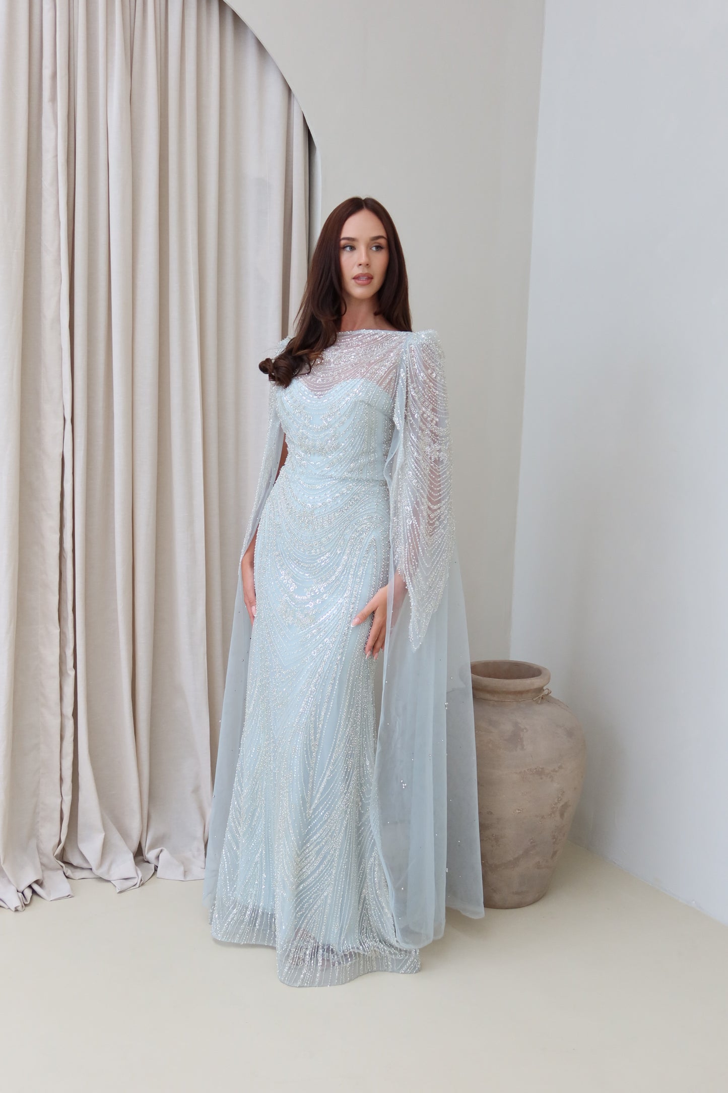 Aura Beaded Cape Sleeve Maxi Evening Dress