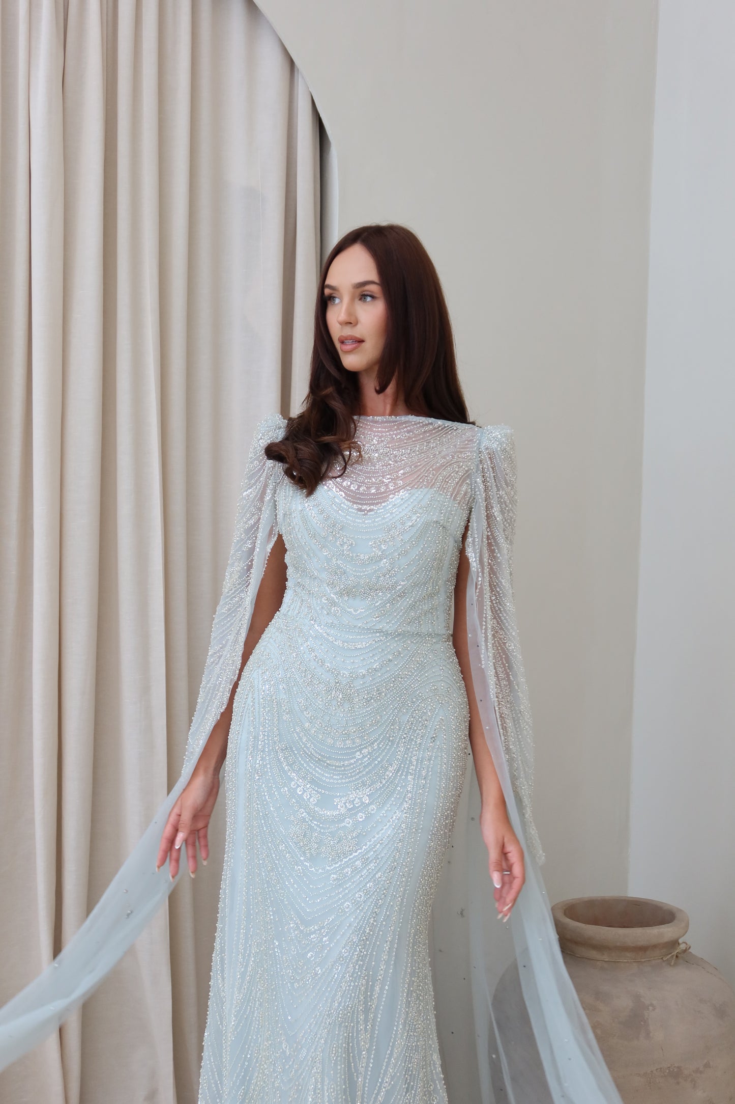 Aura Beaded Cape Sleeve Maxi Evening Dress