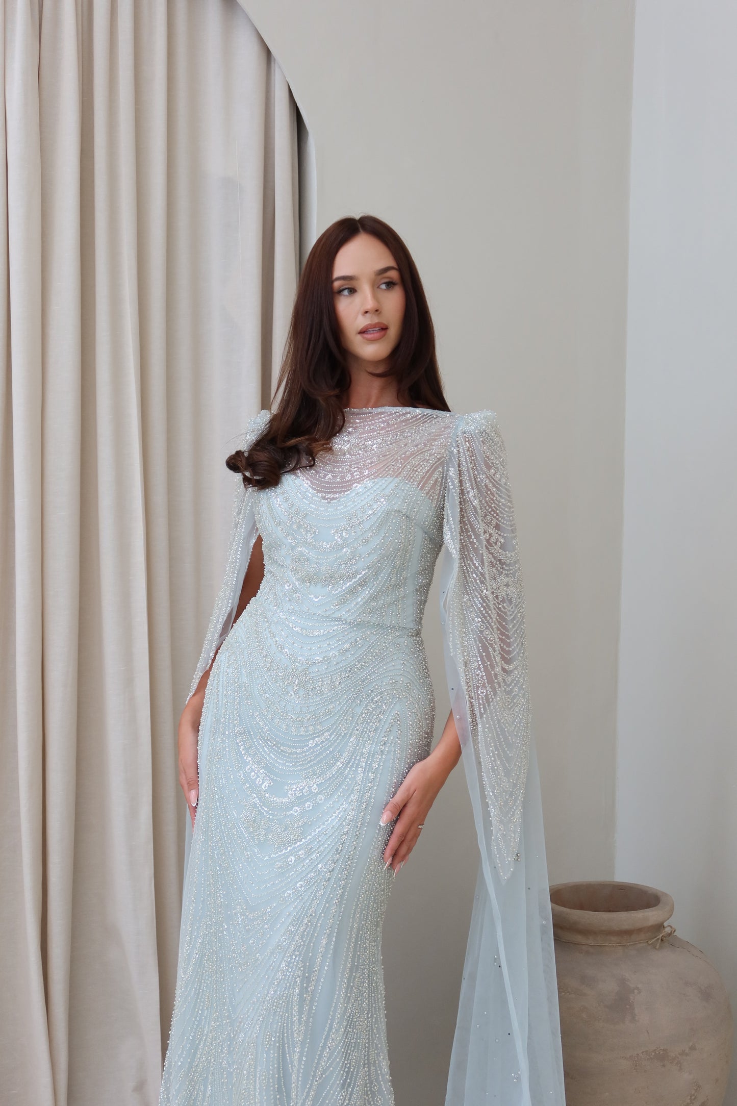 Aura Beaded Cape Sleeve Maxi Evening Dress