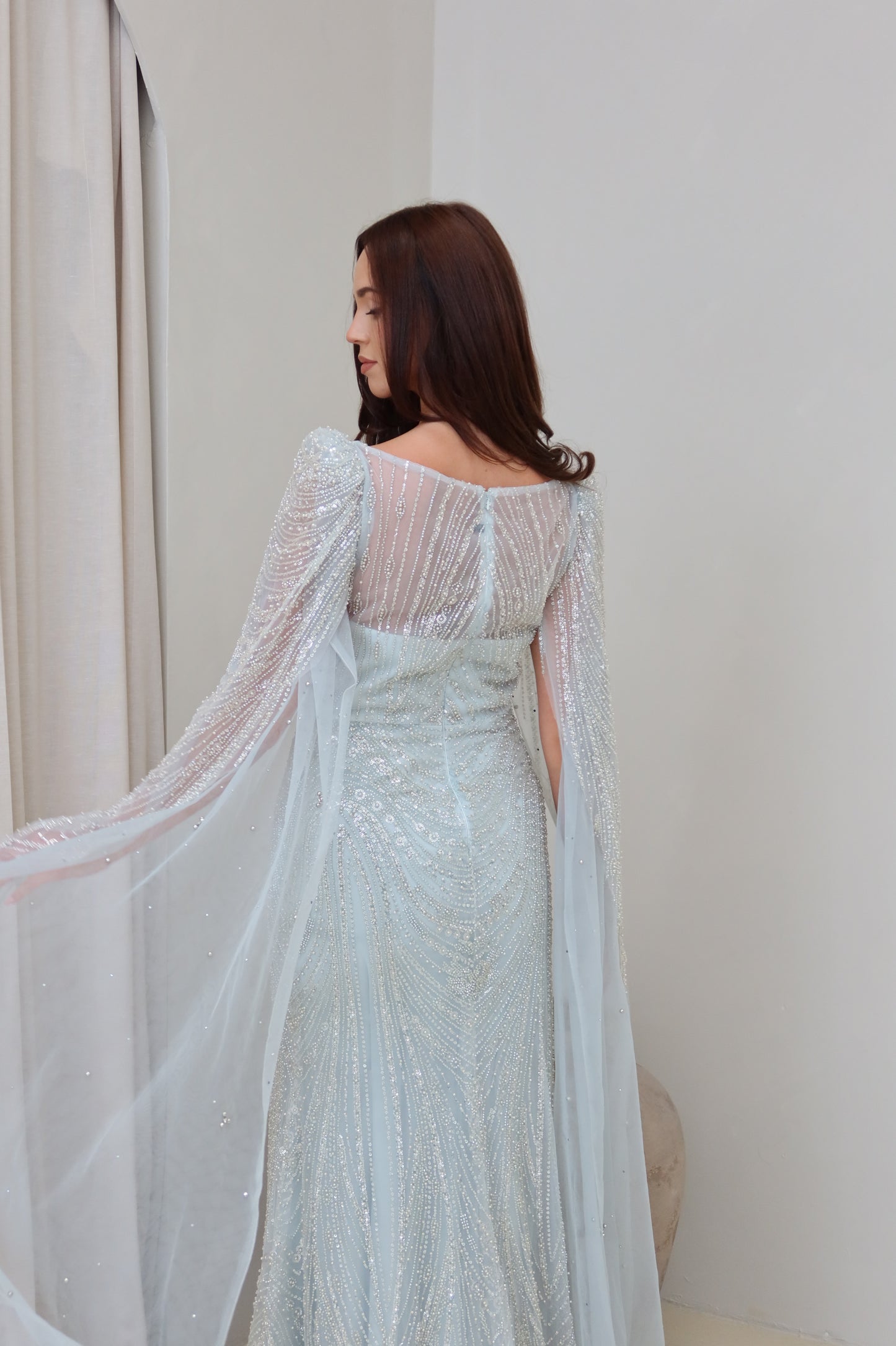 Aura Beaded Cape Sleeve Maxi Evening Dress