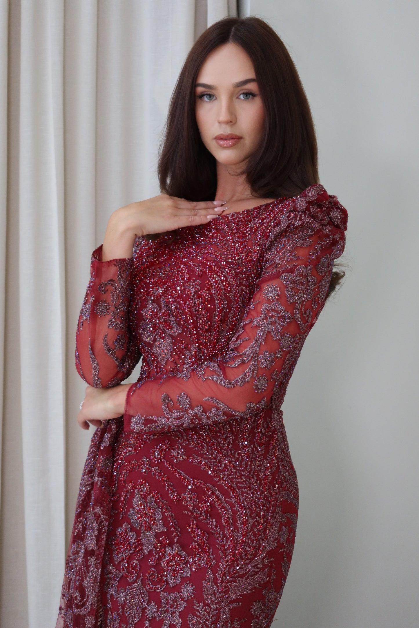 Mara Dark Red Mermaid long sleeve Evening Dress