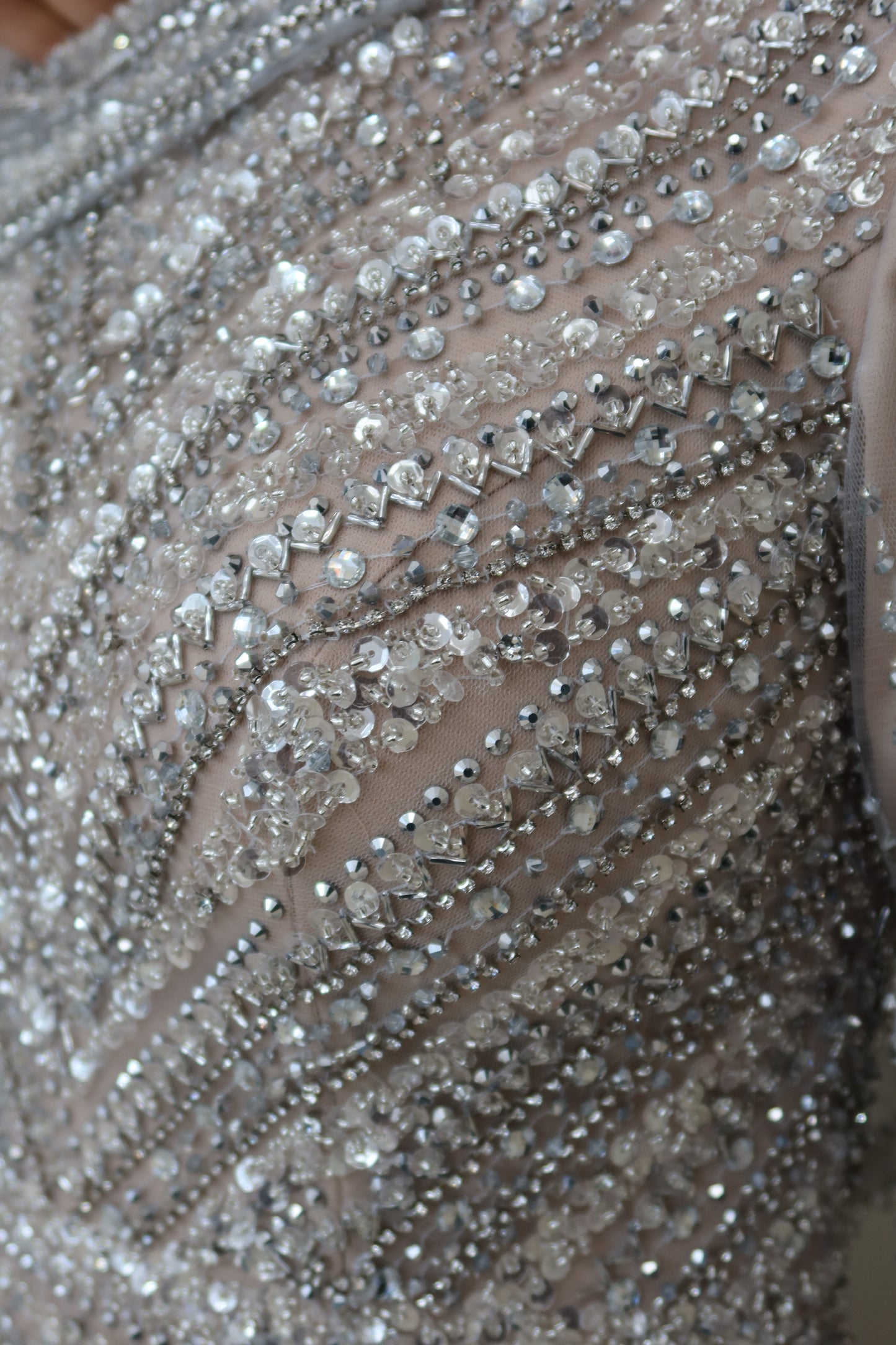 Sheela Nude Silver Long Sleeve Evening Maxi Dress