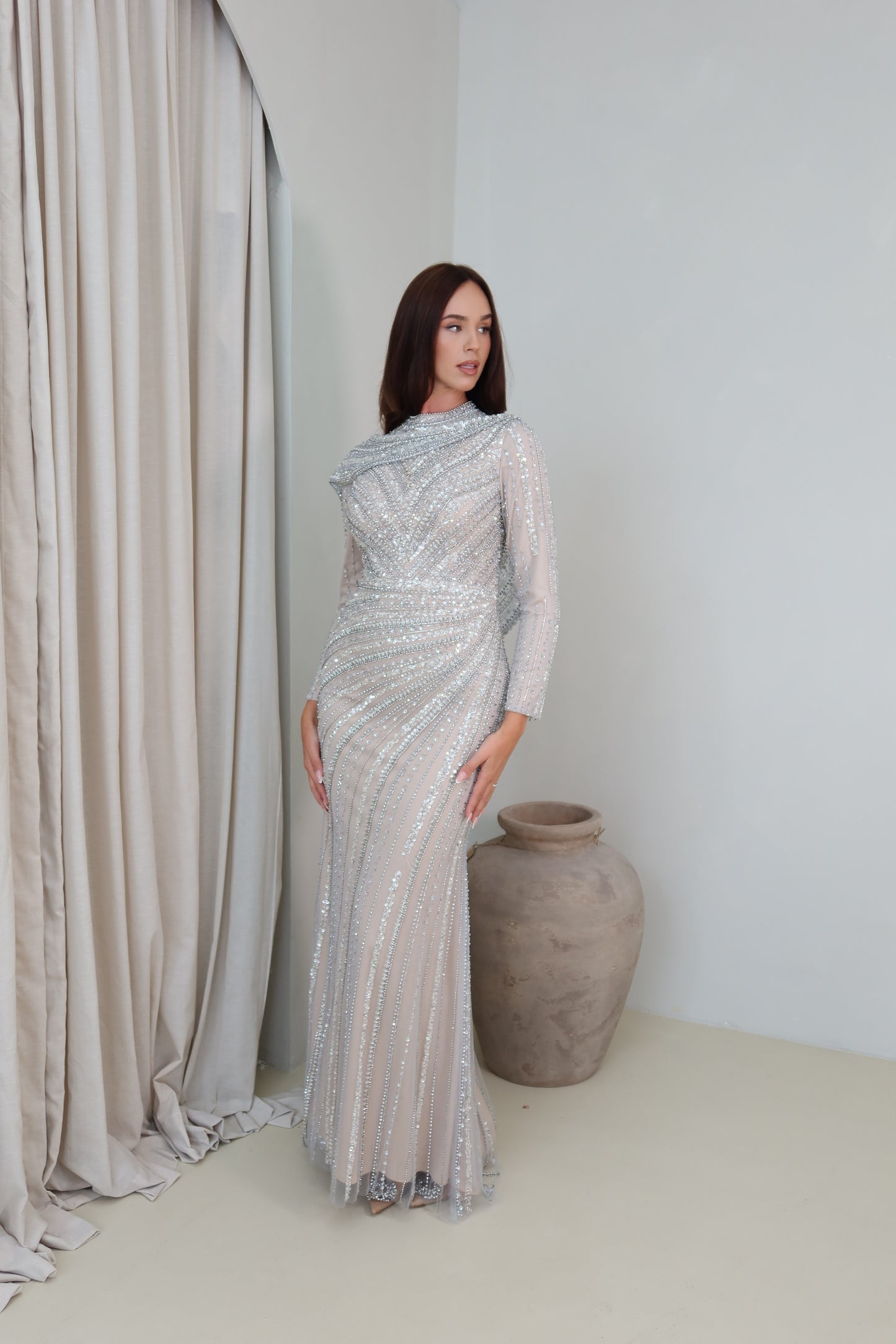 Sheela Nude Silver Long Sleeve Evening Maxi Dress
